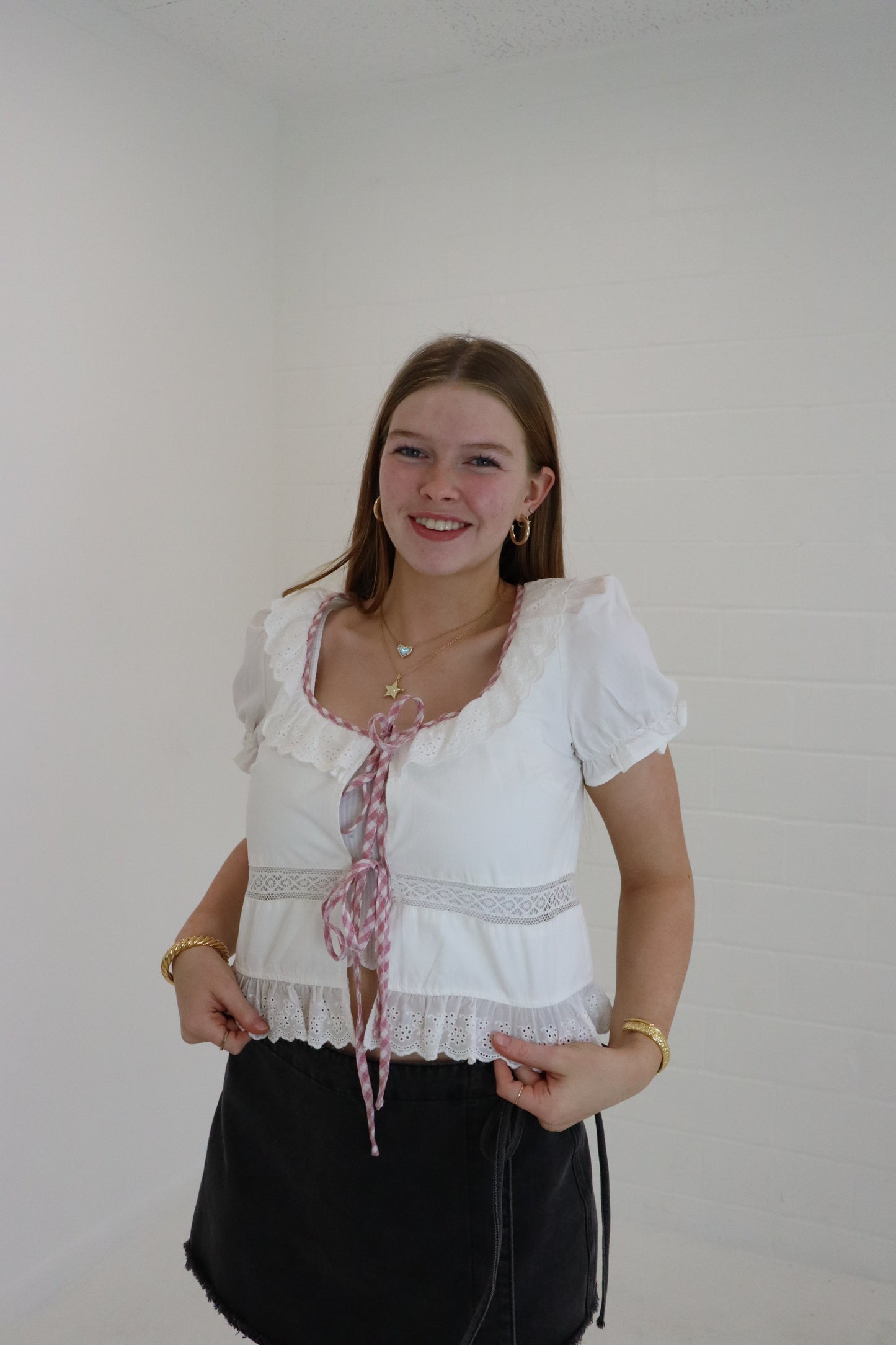 White Embroidered Tie Front Blouse