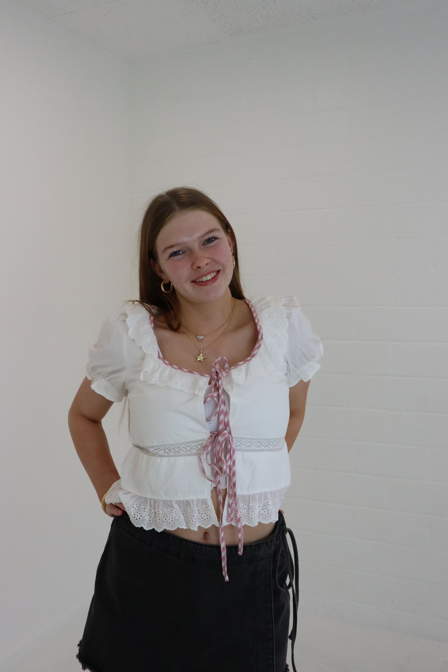 White Embroidered Tie Front Blouse