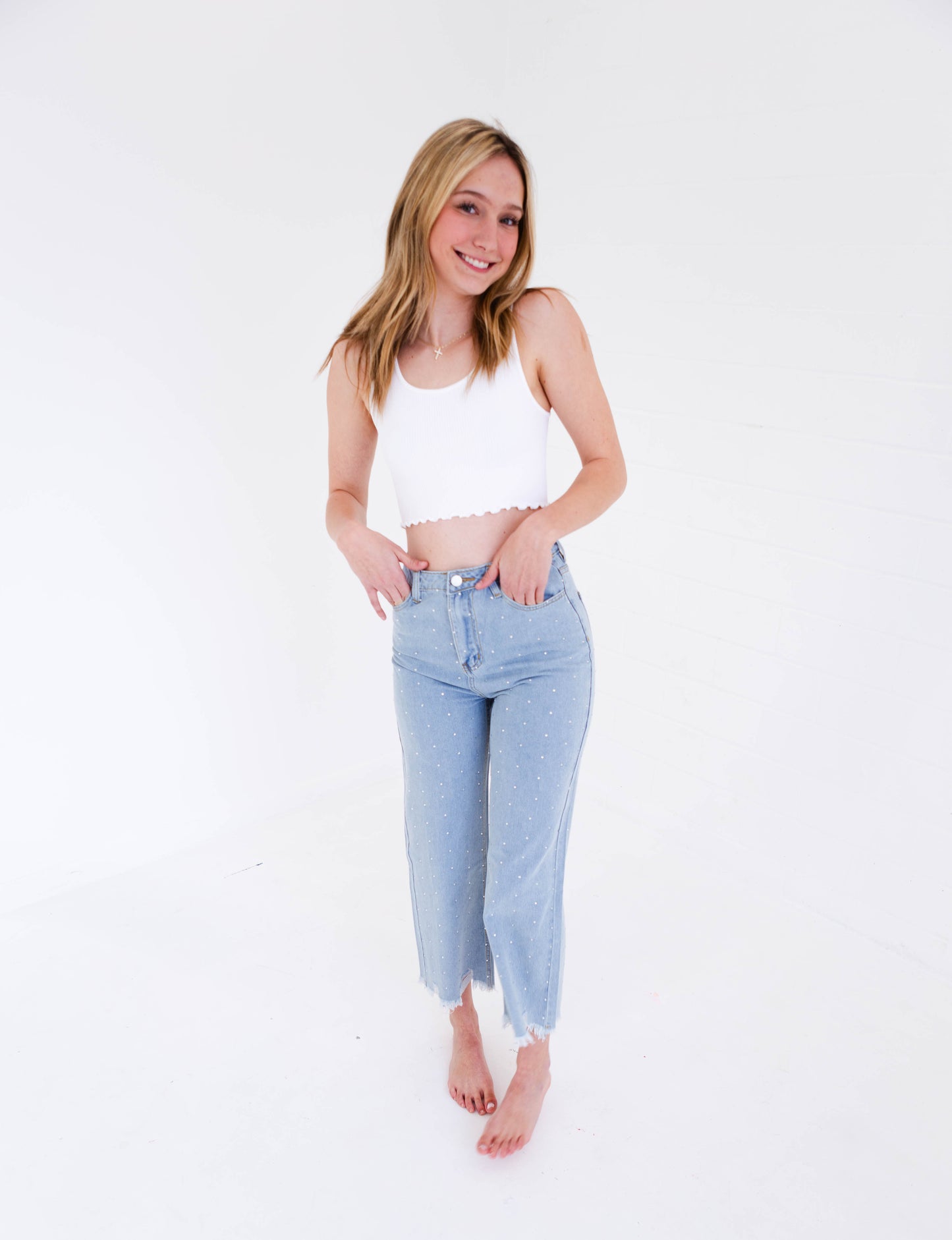 Rhinestone Denim High Rise Straight Leg Jeans