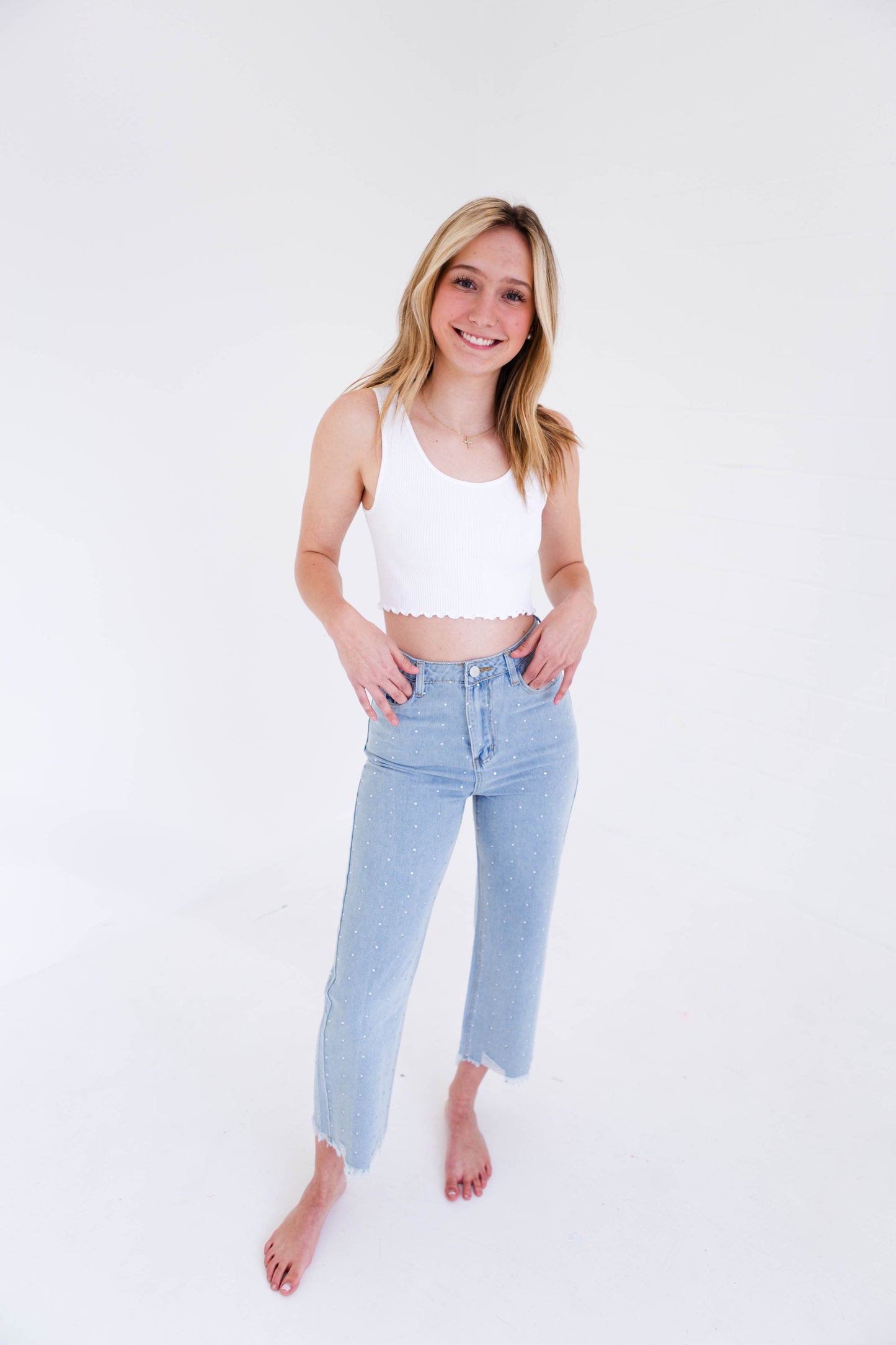 Rhinestone Denim High Rise Straight Leg Jeans