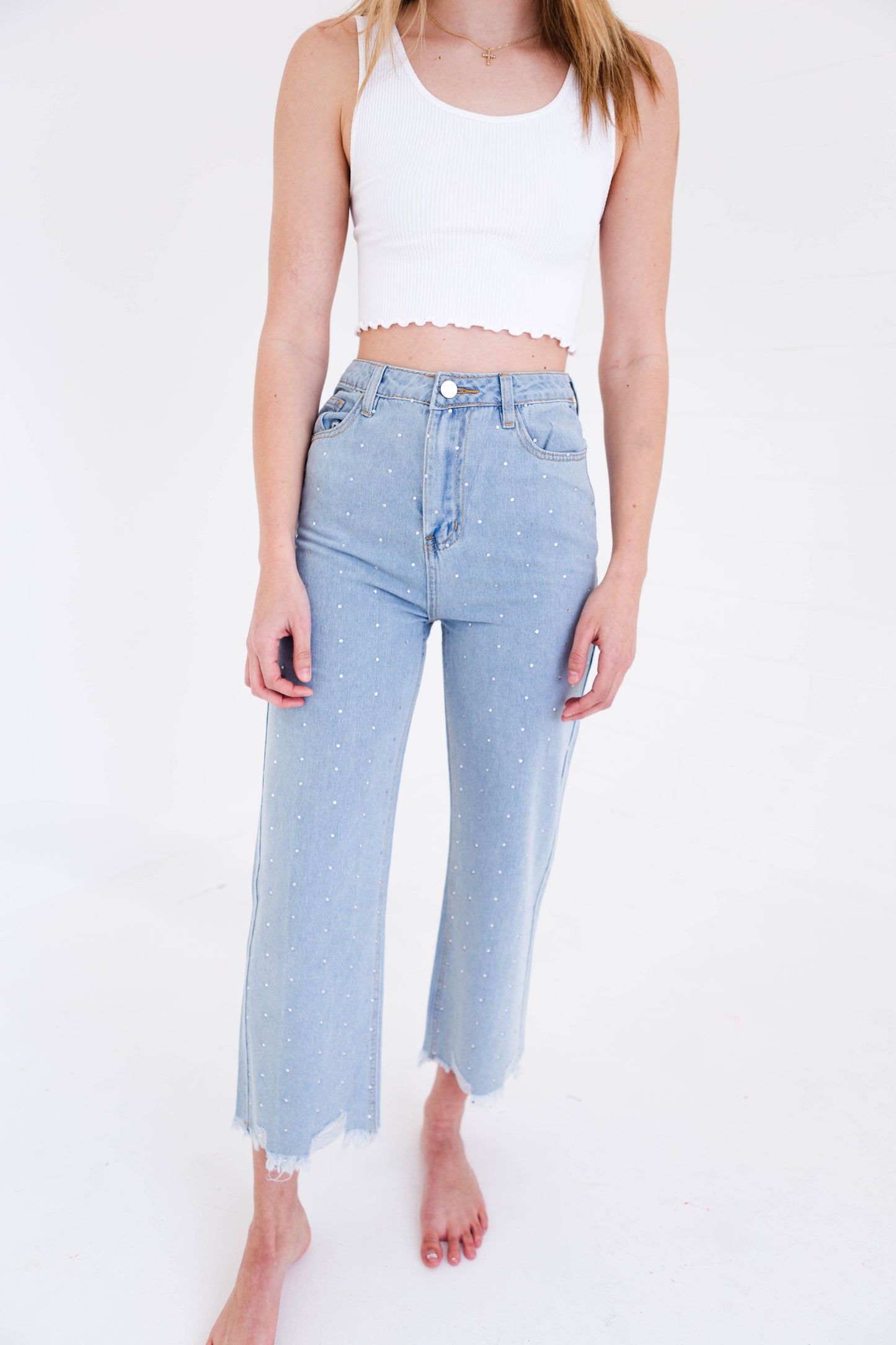 Rhinestone Denim High Rise Straight Leg Jeans