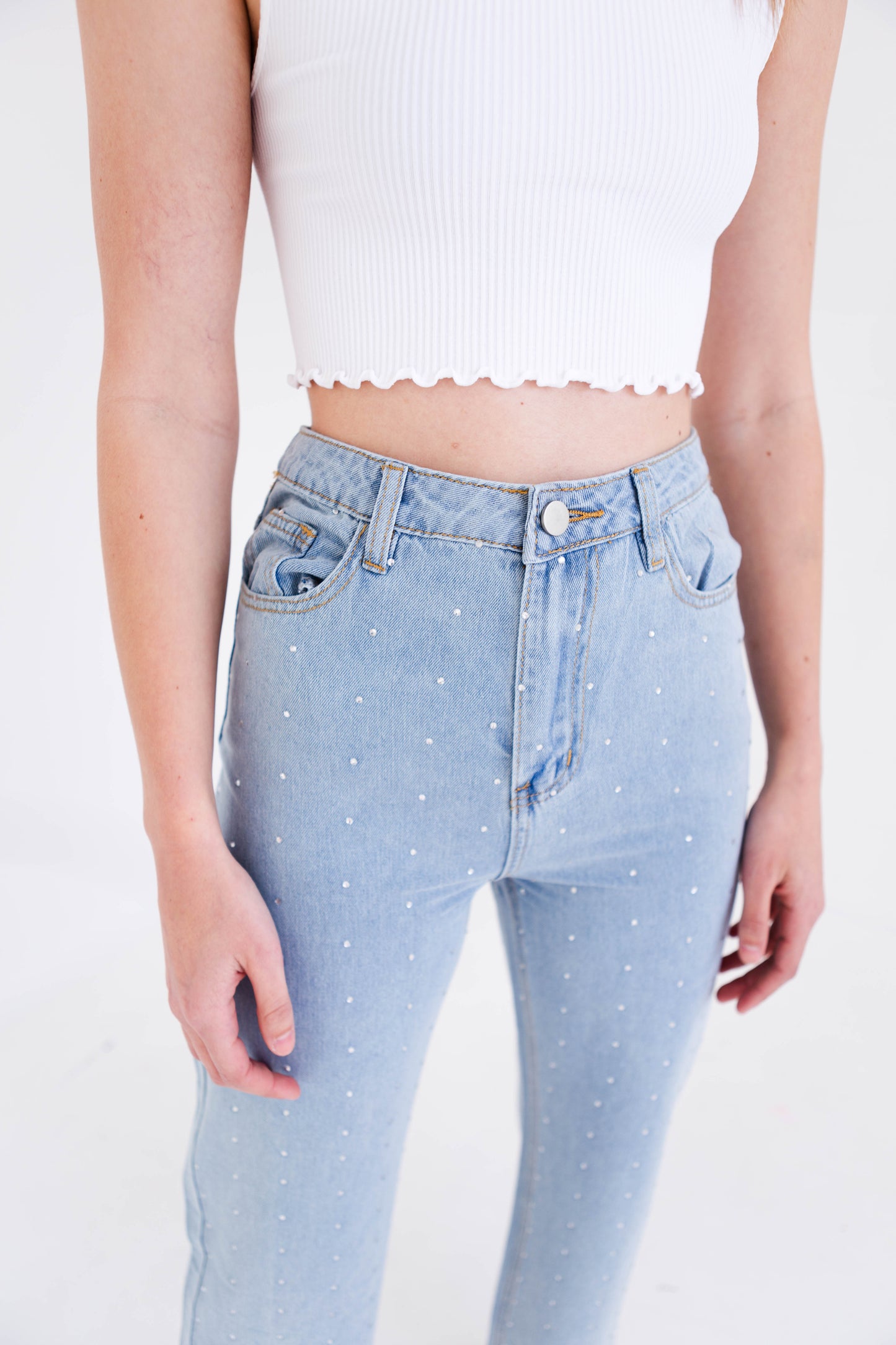 Rhinestone Denim High Rise Straight Leg Jeans