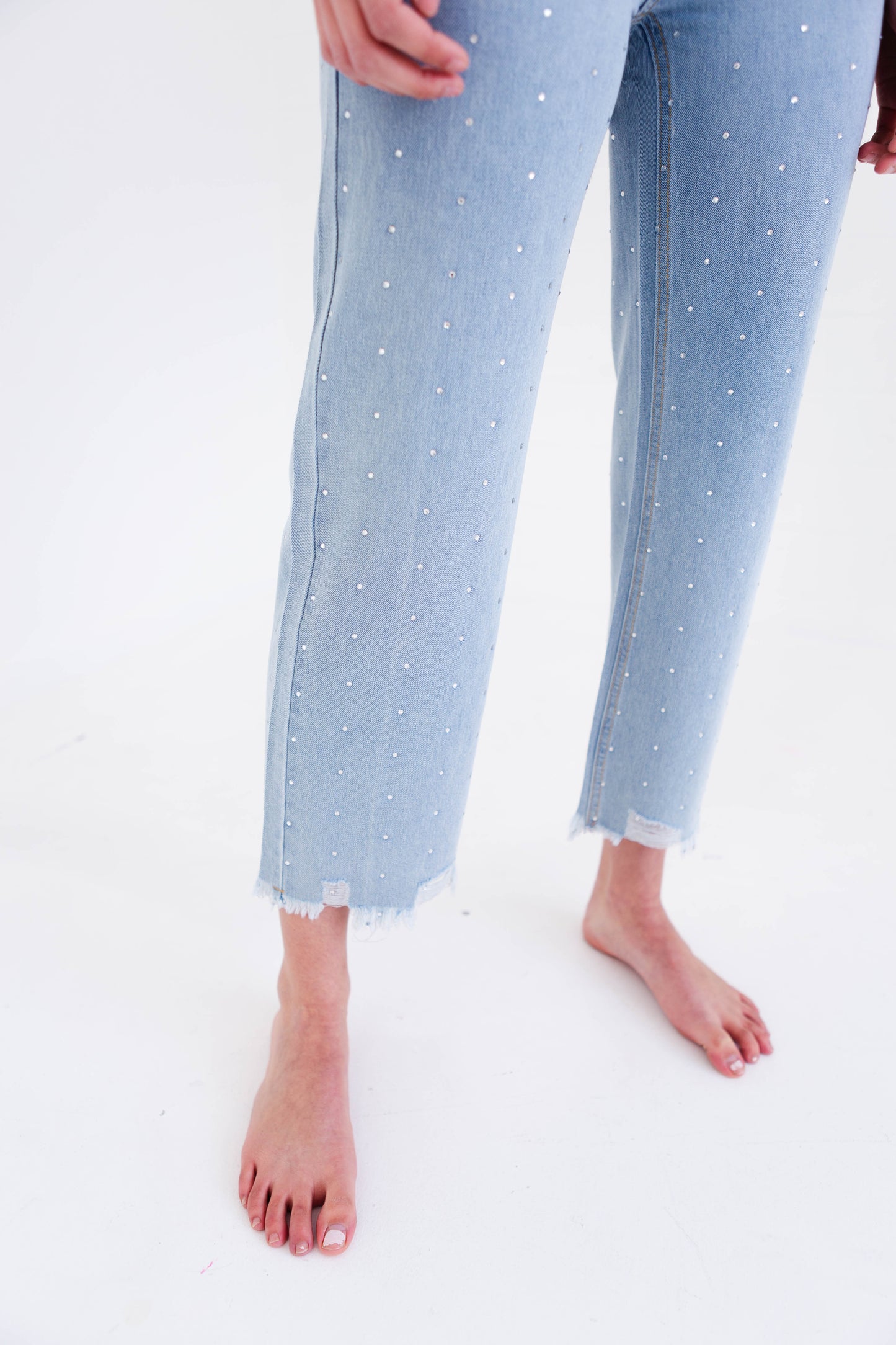 Rhinestone Denim High Rise Straight Leg Jeans