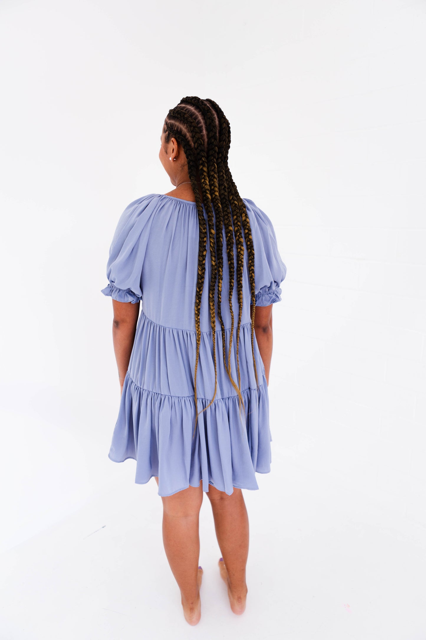 Dusty Blue Tiered Ruffle Puff Sleeve Mini Dress