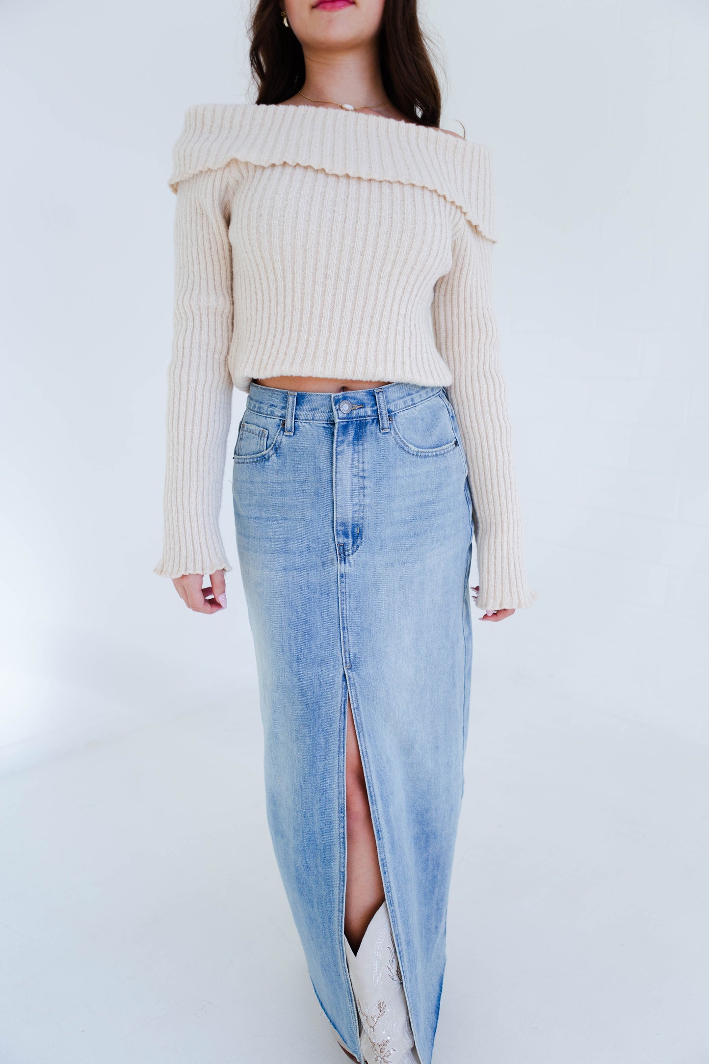 Light Denim Midi Skirt with Slit