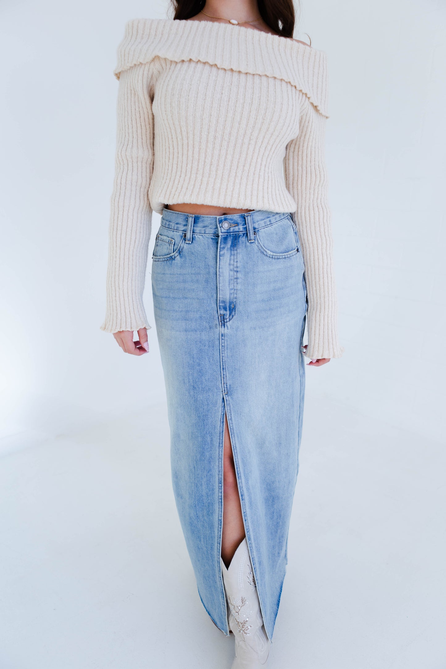 Light Denim Midi Skirt with Slit
