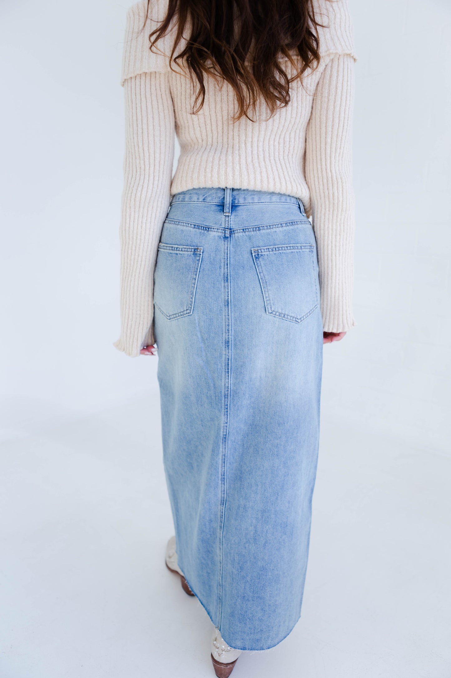 Light Denim Midi Skirt with Slit