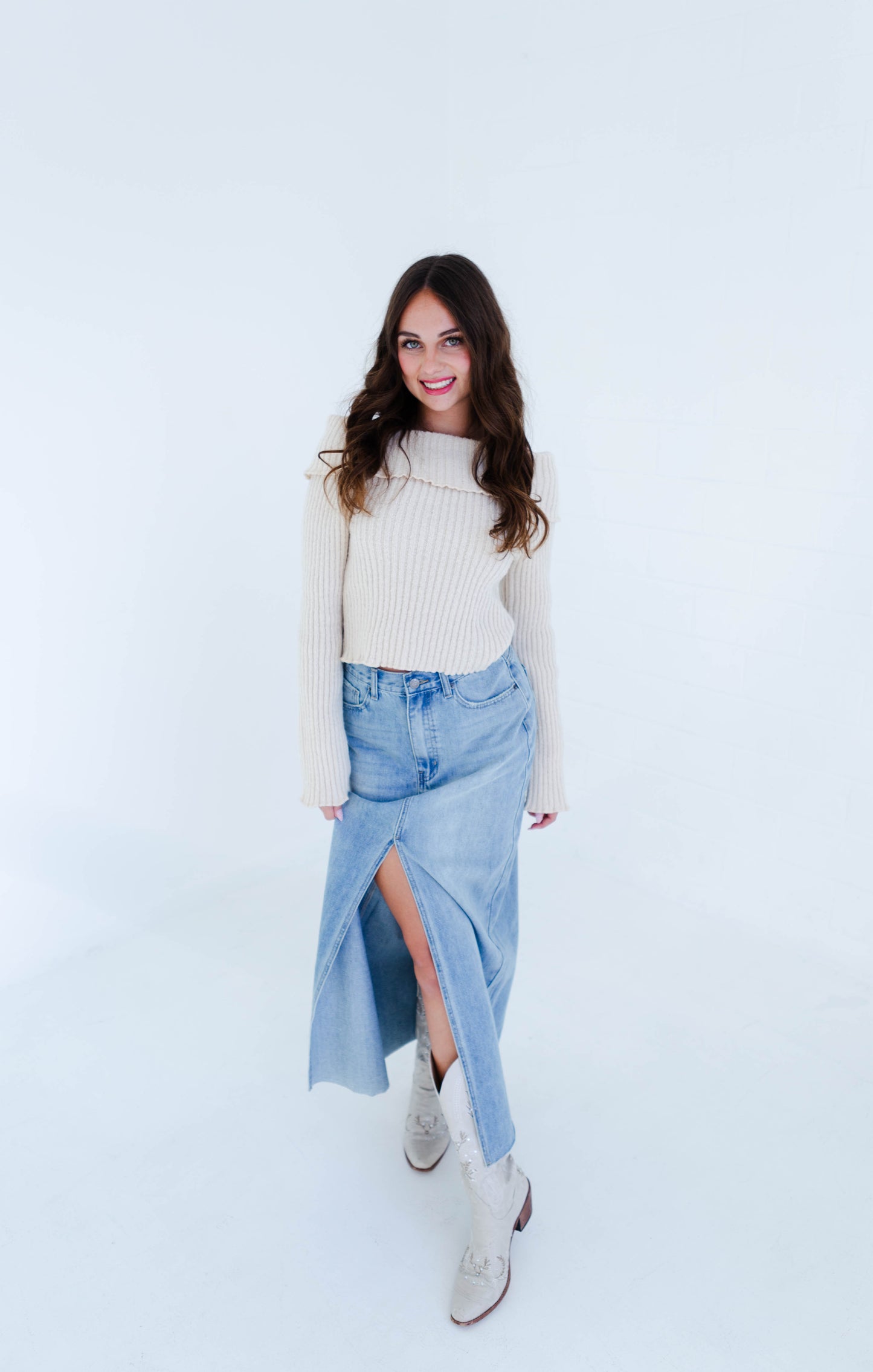 Light Denim Midi Skirt with Slit