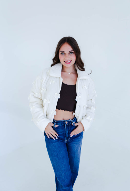 Cream Quilted Bow Detail Jacket