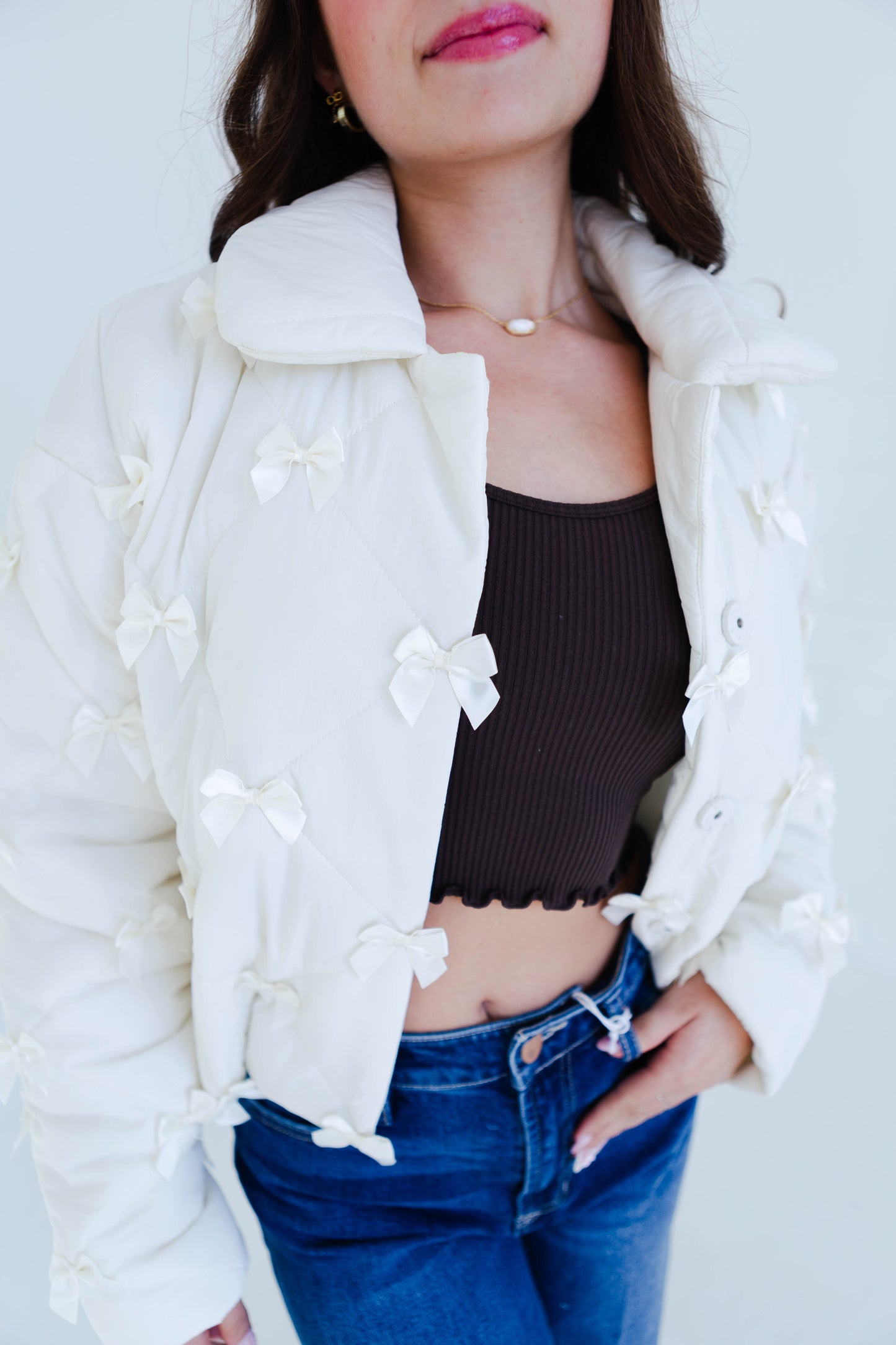 Cream Quilted Bow Detail Jacket