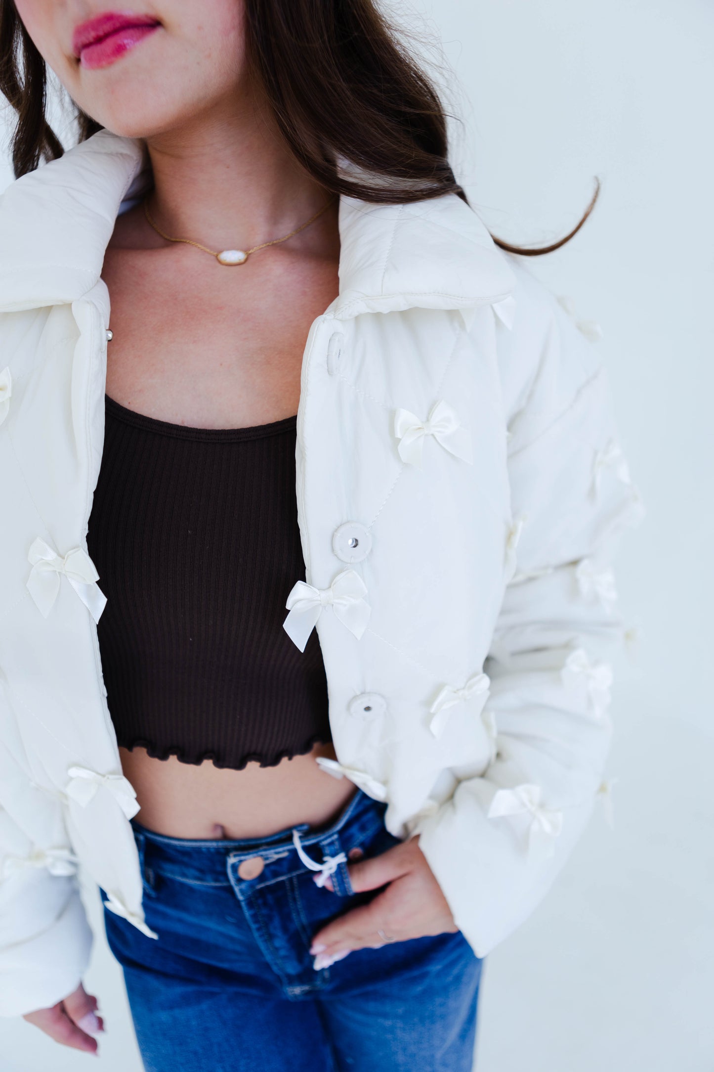 Cream Quilted Bow Detail Jacket