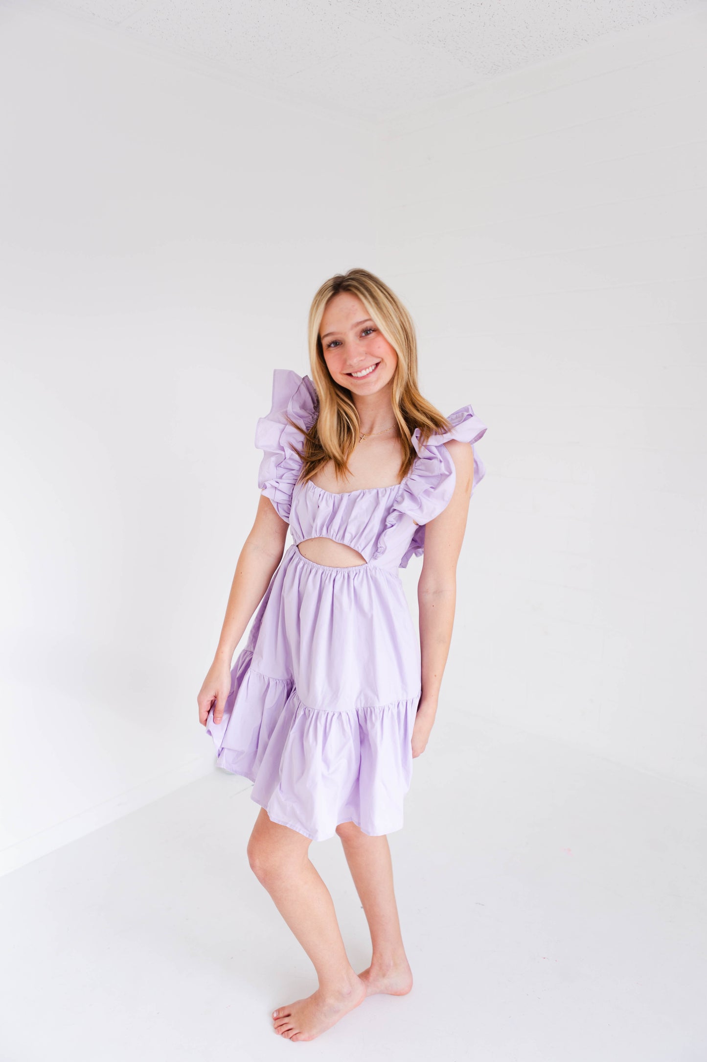 Medium: Light Lavender Front Cut Out Mini Dress
