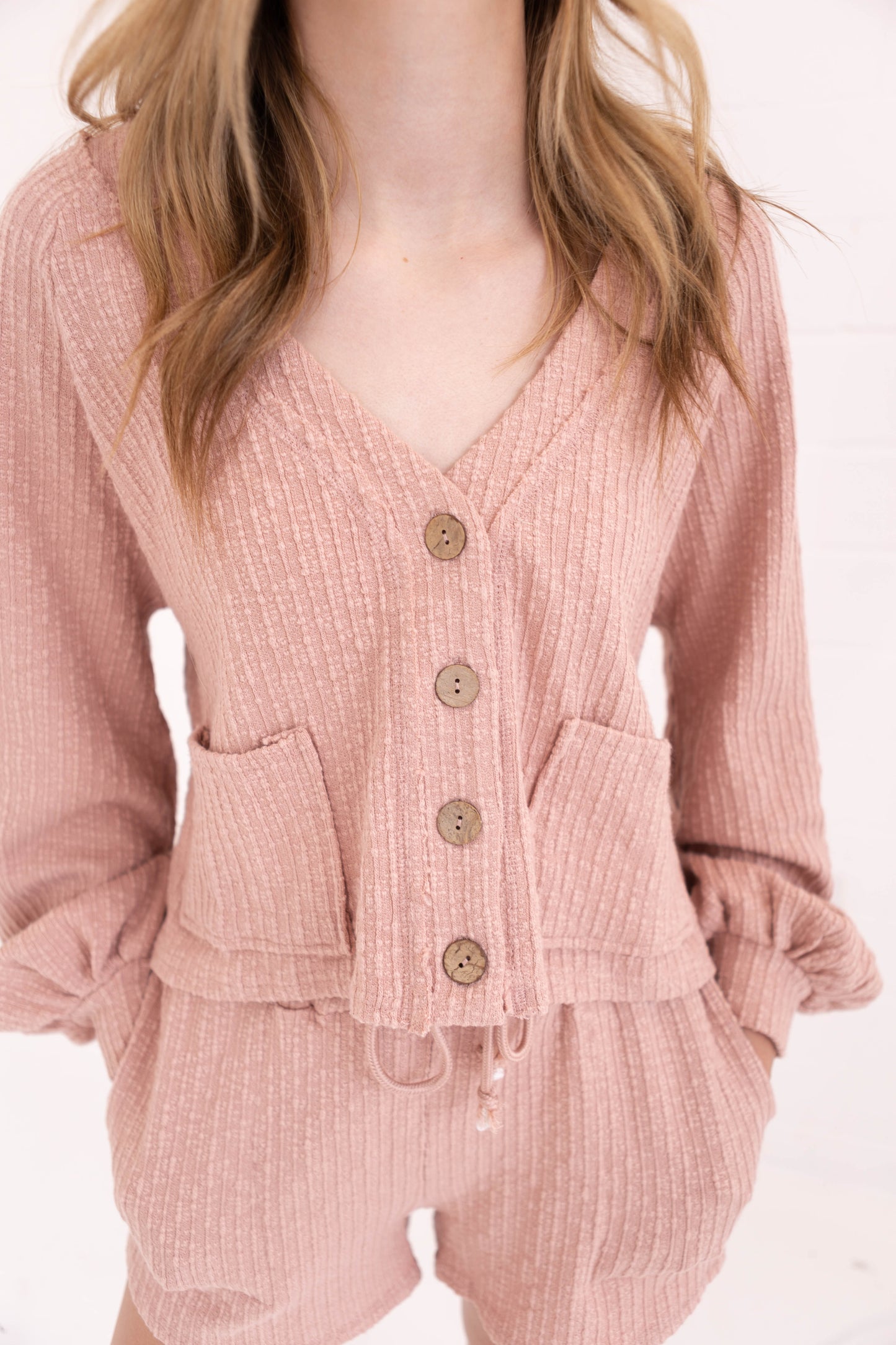 Rose Textured Fabric Casual Cardigan And Shorts Set