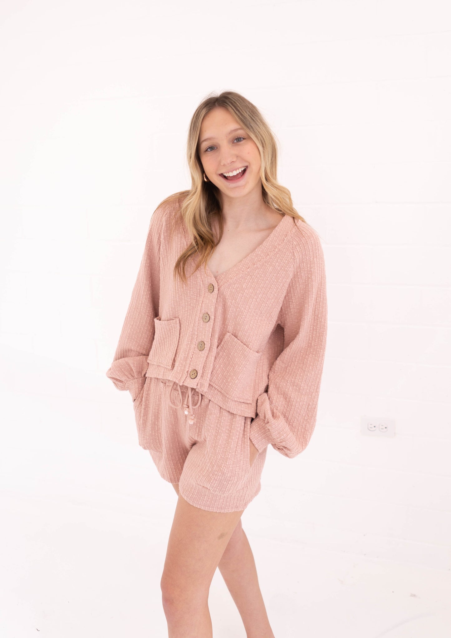 Rose Textured Fabric Casual Cardigan And Shorts Set