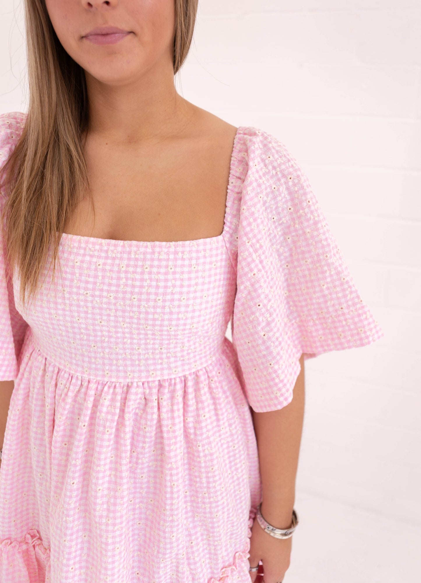 Pink Mini Plaid Checkered Floral Embroidered Mini Dress