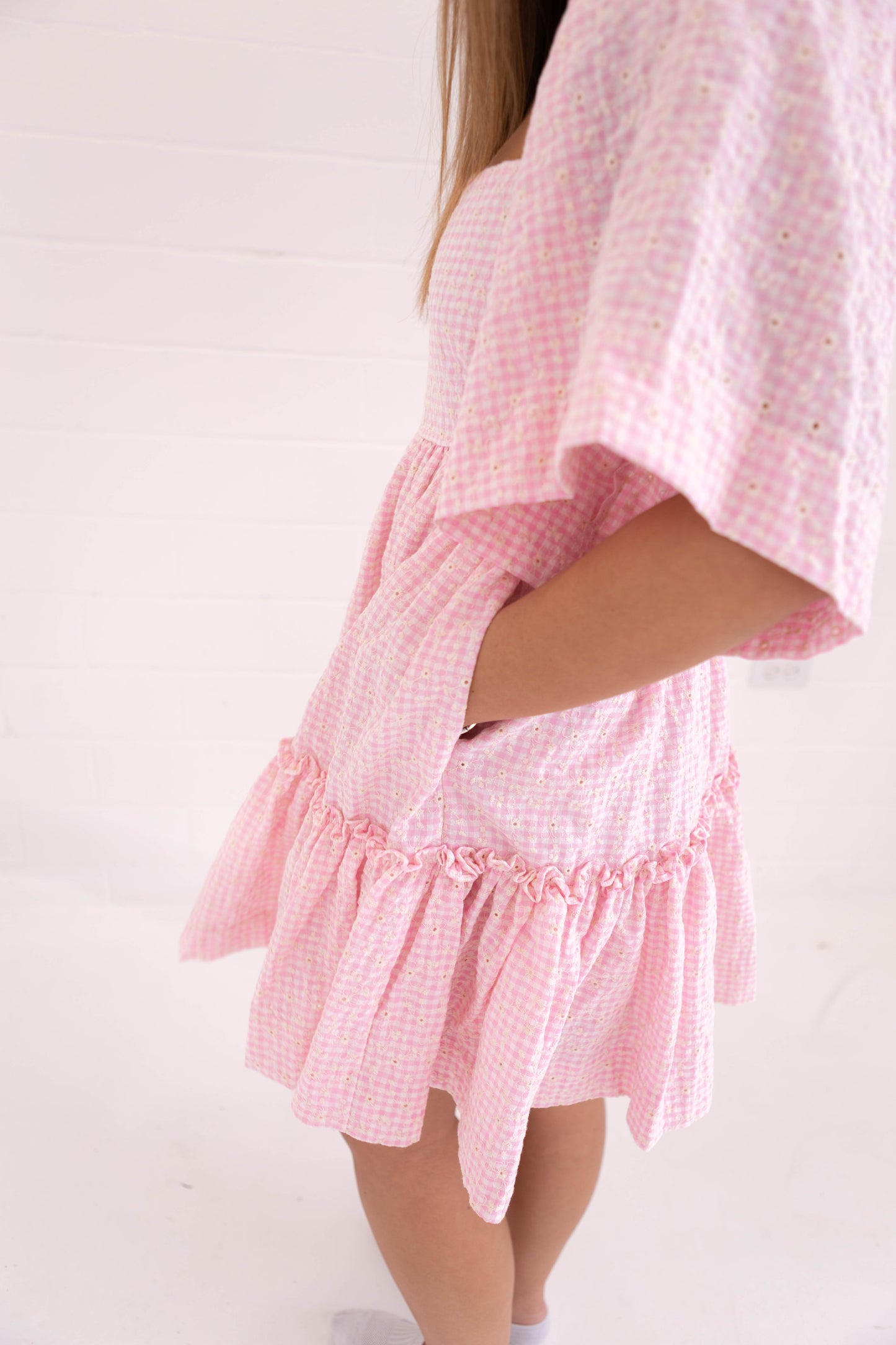 Pink Mini Plaid Checkered Floral Embroidered Mini Dress