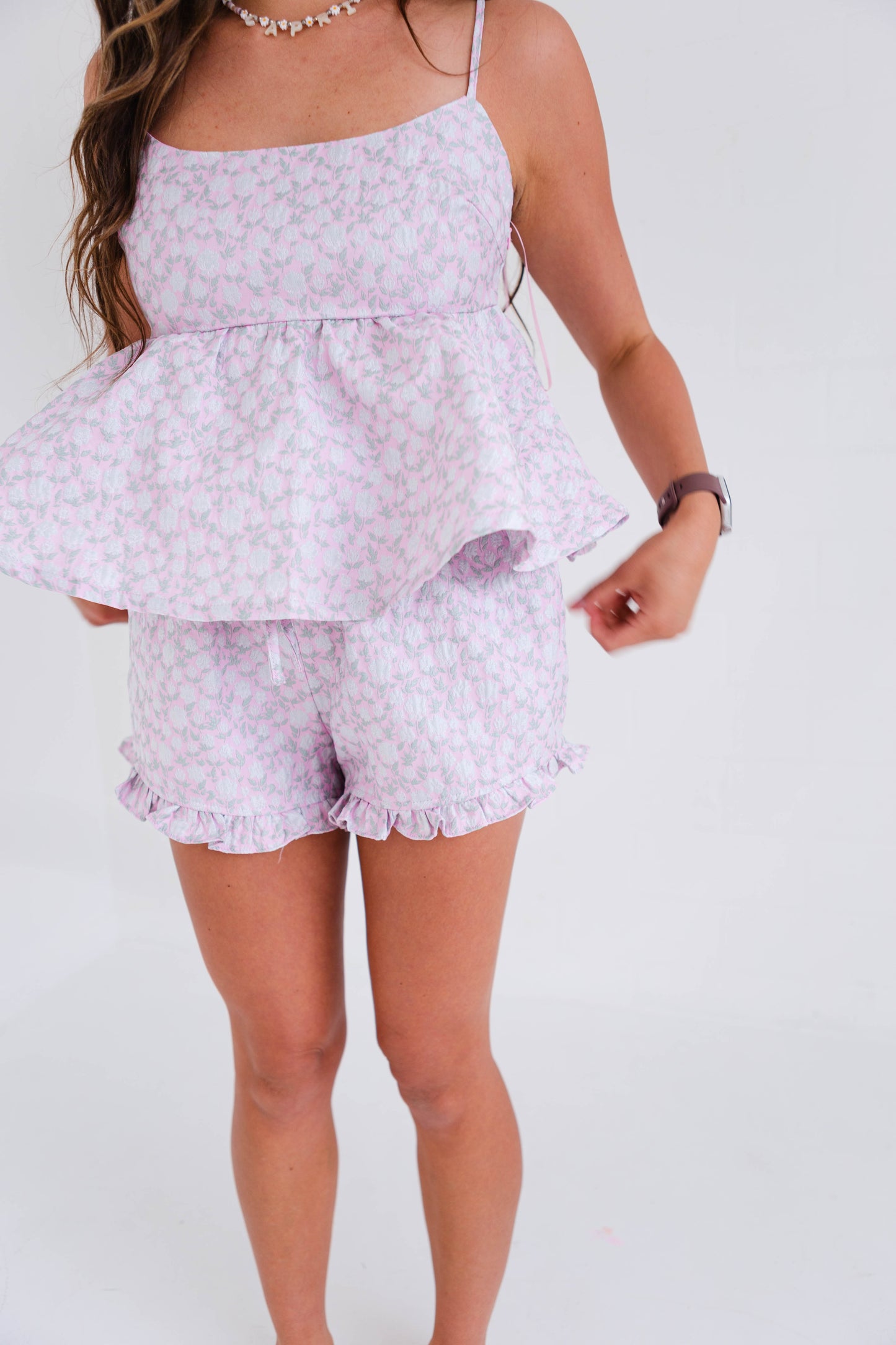 Jacquard Cami Top & Frill Shorts Set