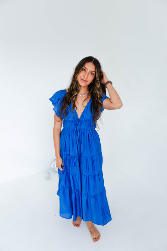 Cobalt Blue Ruffled Sleeve Tiered Midi Dress