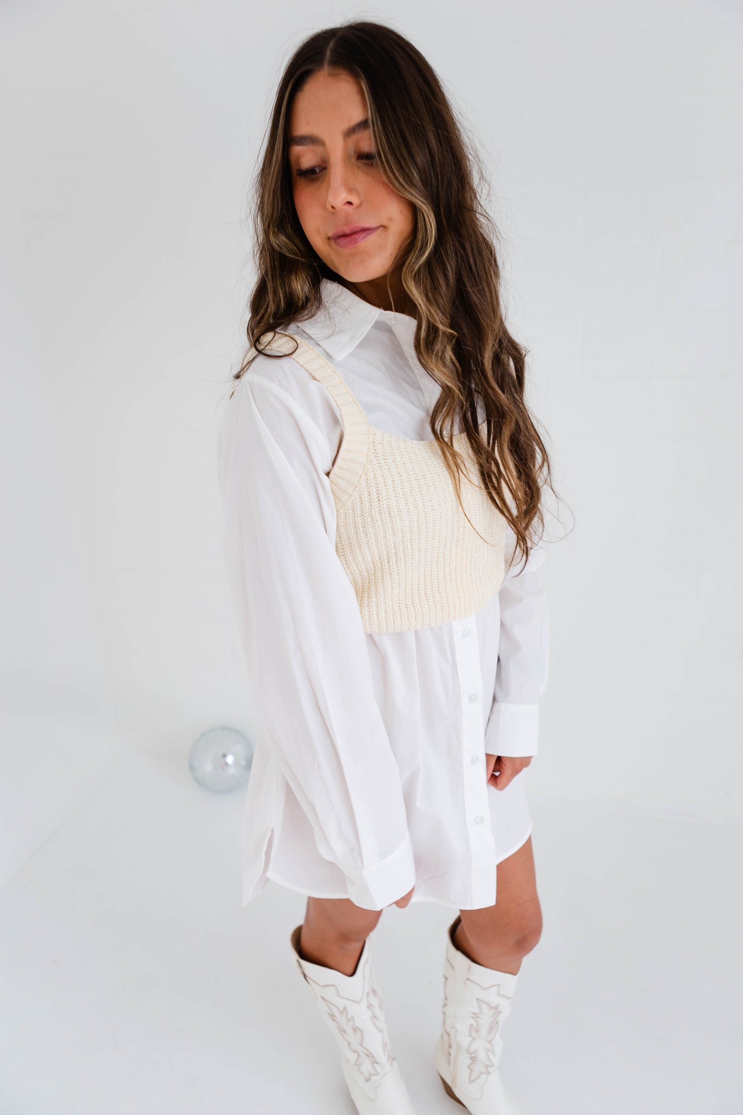 Cream Button Up Dress with Knit Crop