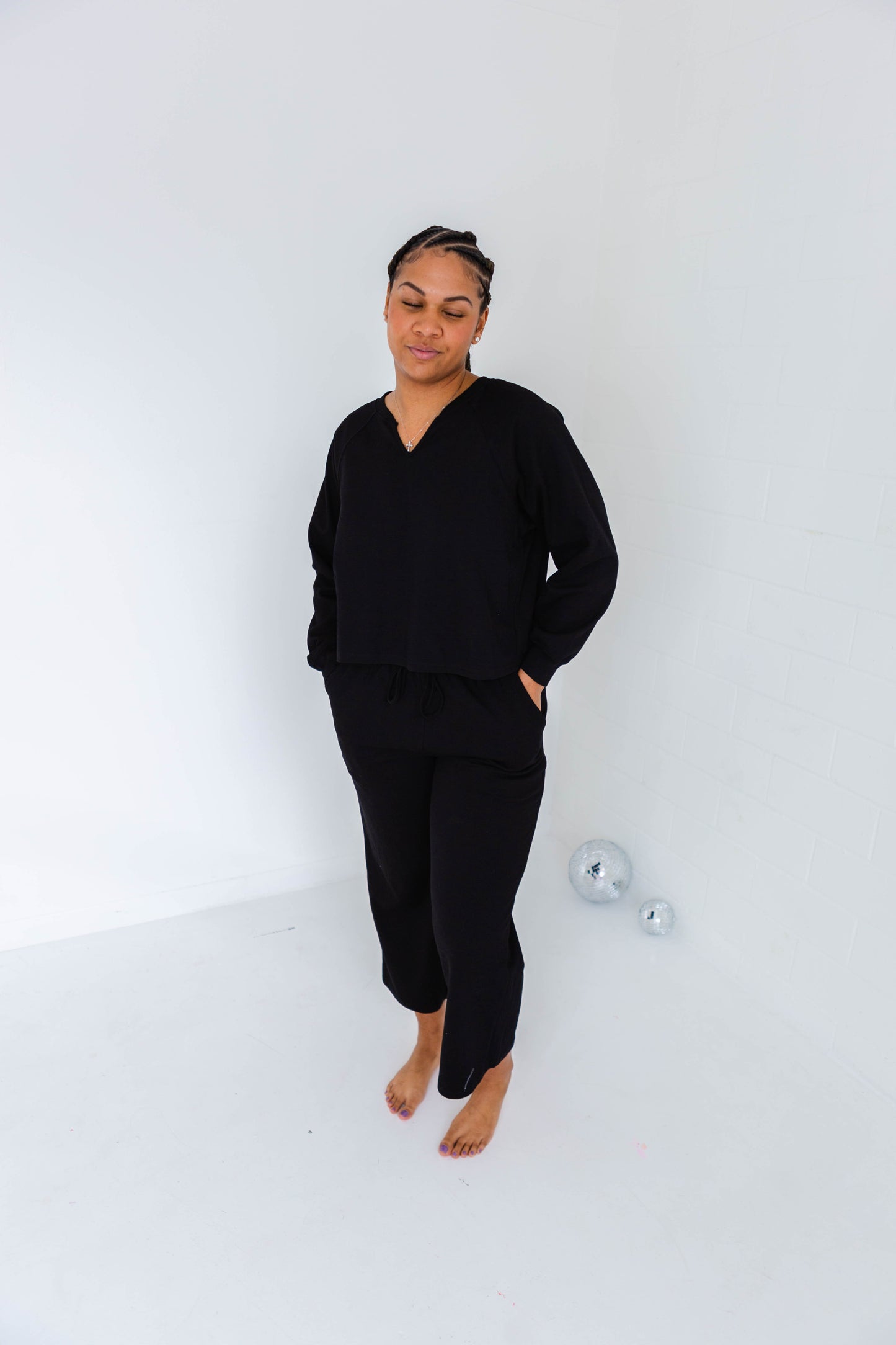 Black V Neck Sweatshirt & Wide Leg Pants Set