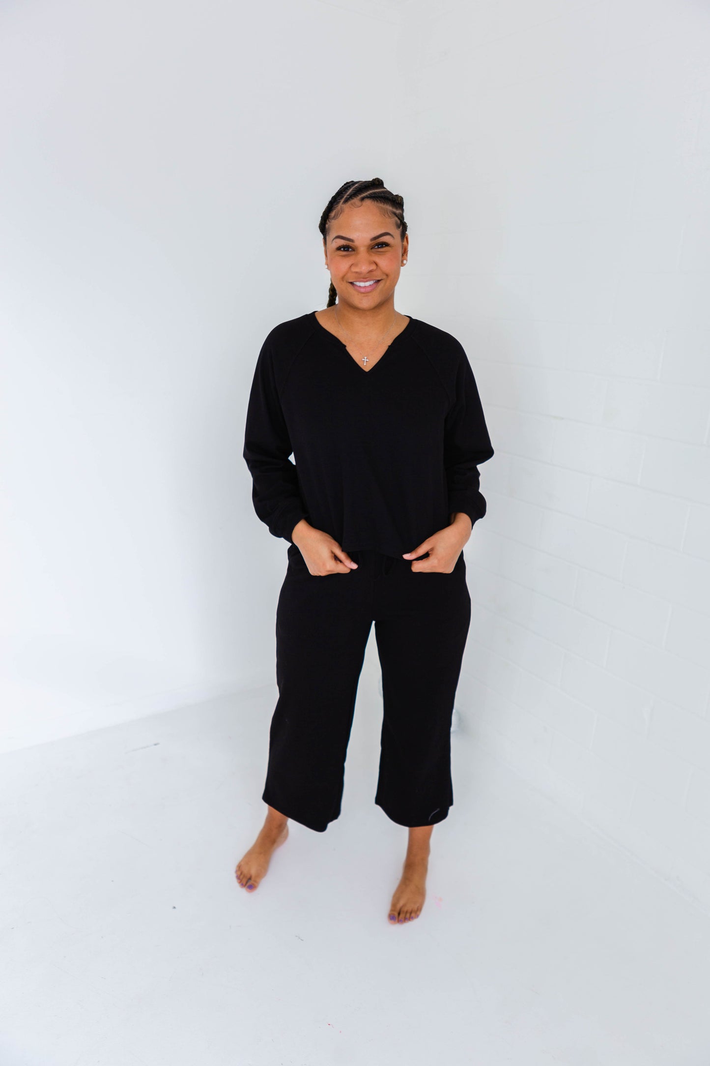Black V Neck Sweatshirt & Wide Leg Pants Set