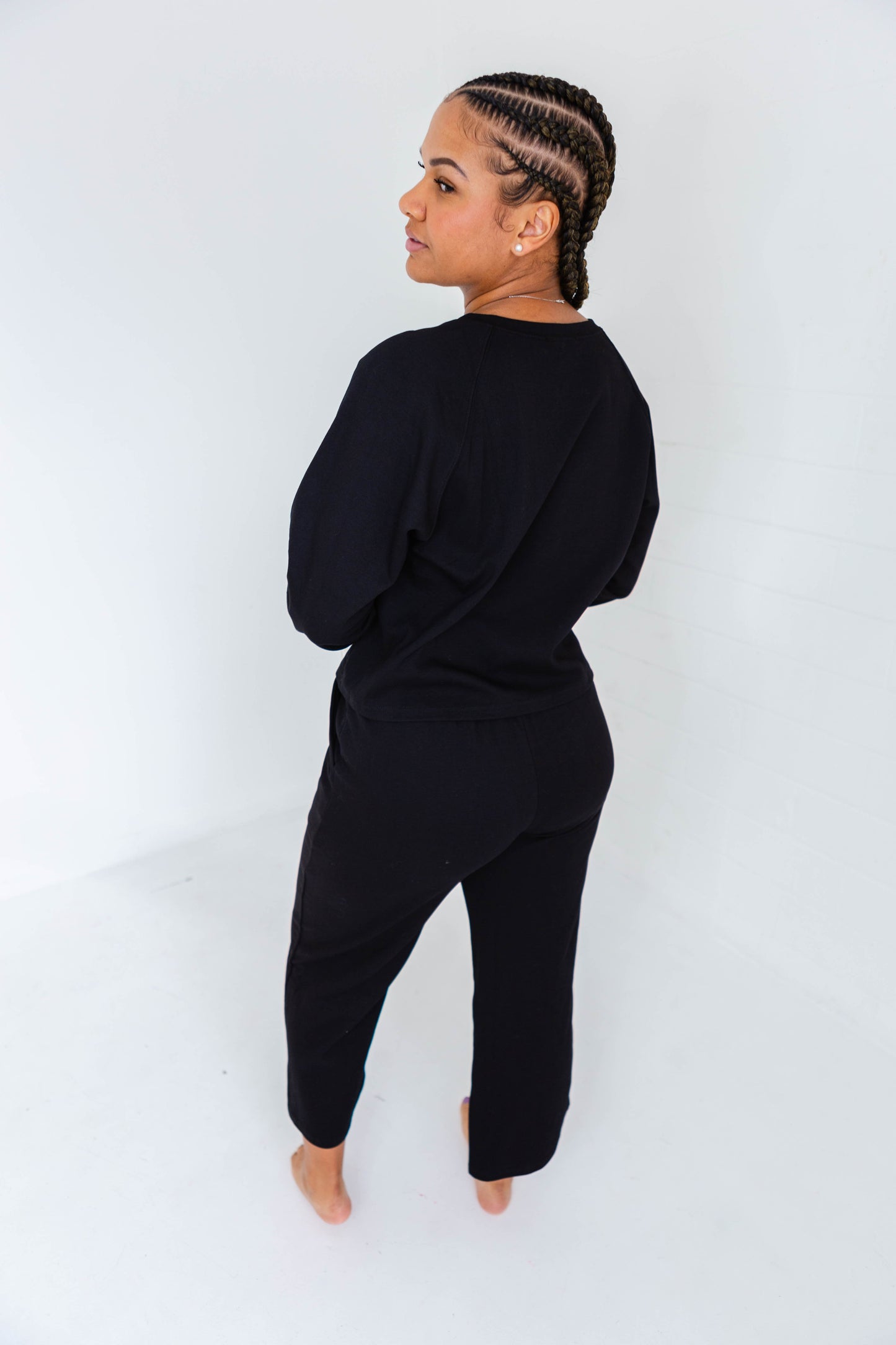 Black V Neck Sweatshirt & Wide Leg Pants Set