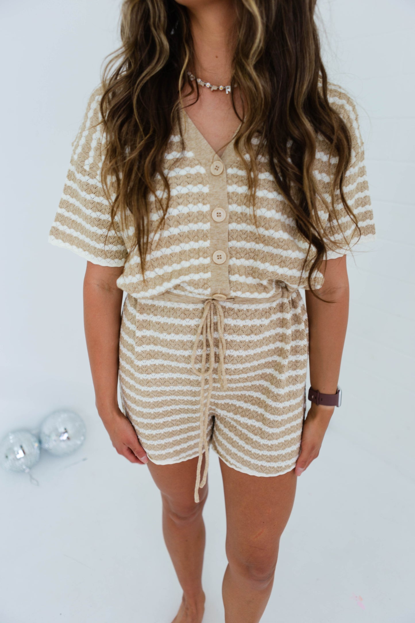 Light Taupe Crochet Striped Romper with Drawstring Waist