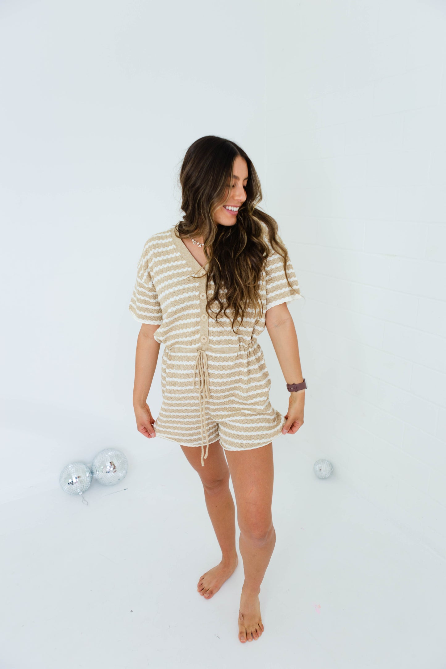 Light Taupe Crochet Striped Romper with Drawstring Waist