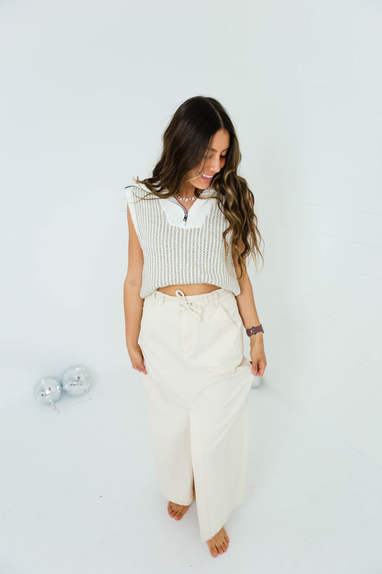Ivory Taupe Striped Sweater Vest Top
