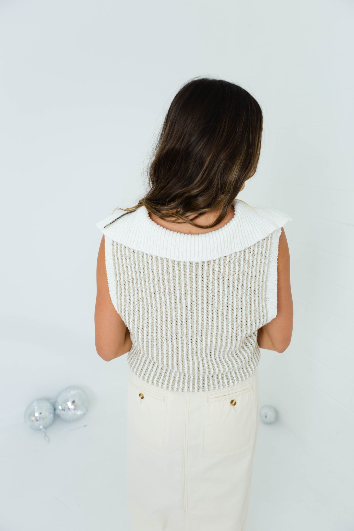 Ivory Taupe Striped Sweater Vest Top