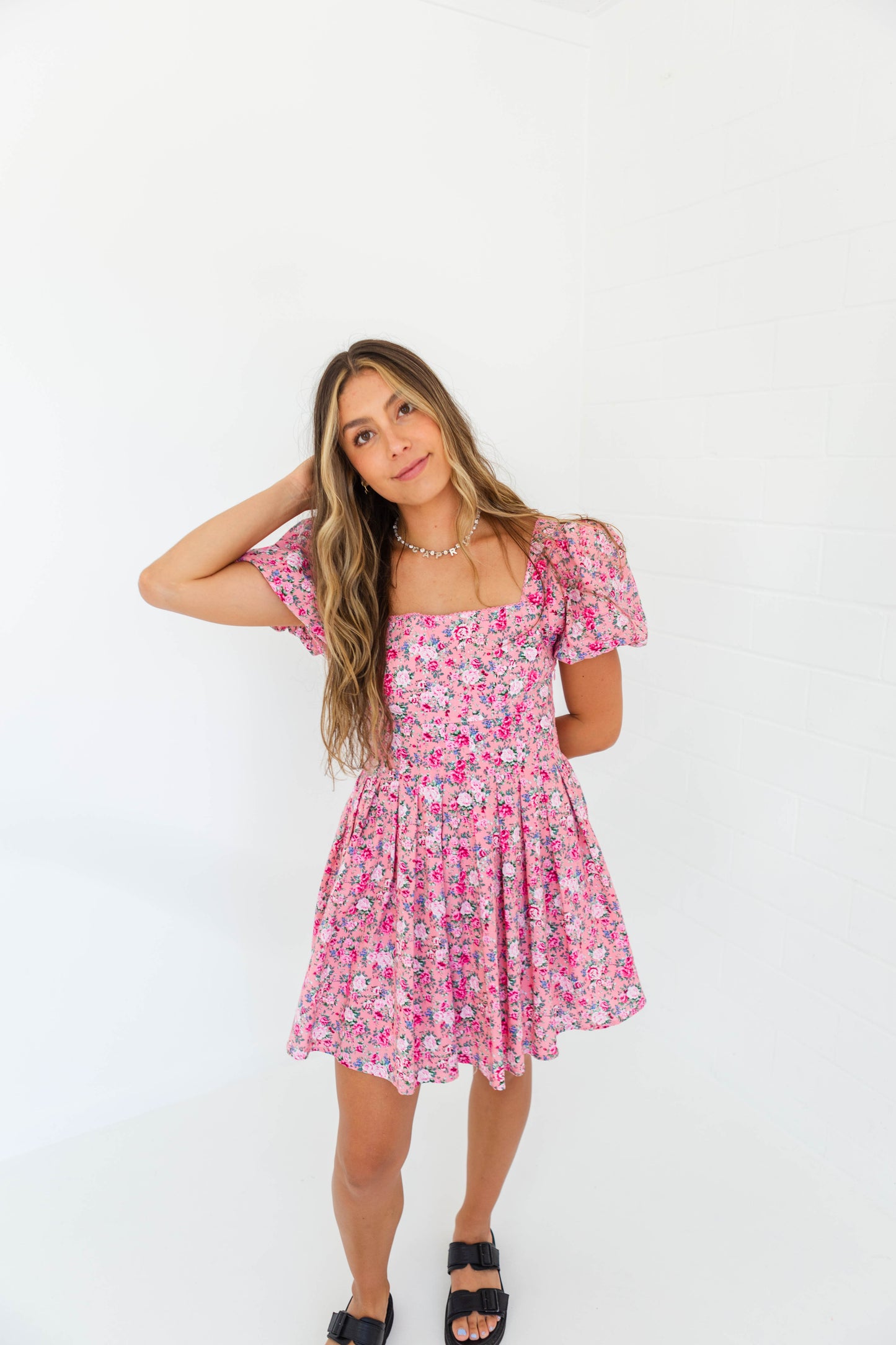 Pink Floral Puff Sleeve Dress