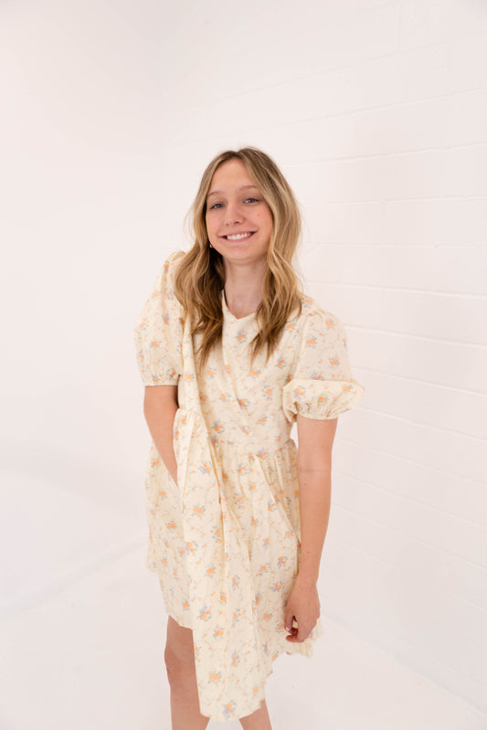 Peach Floral Puff Mini Dress