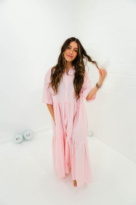 Pink Tiered Stripe Shirt Dress