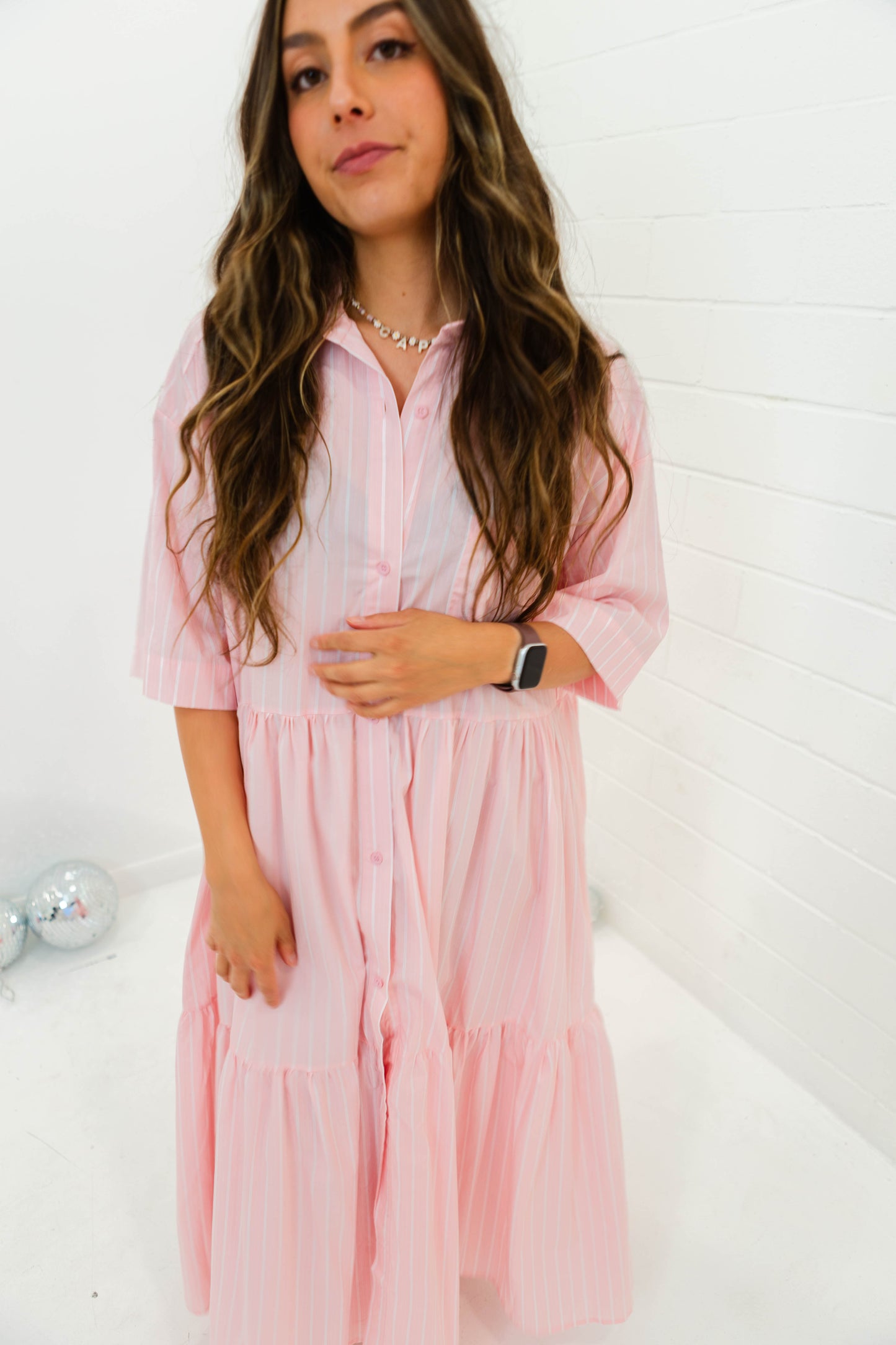 Pink Tiered Stripe Shirt Dress