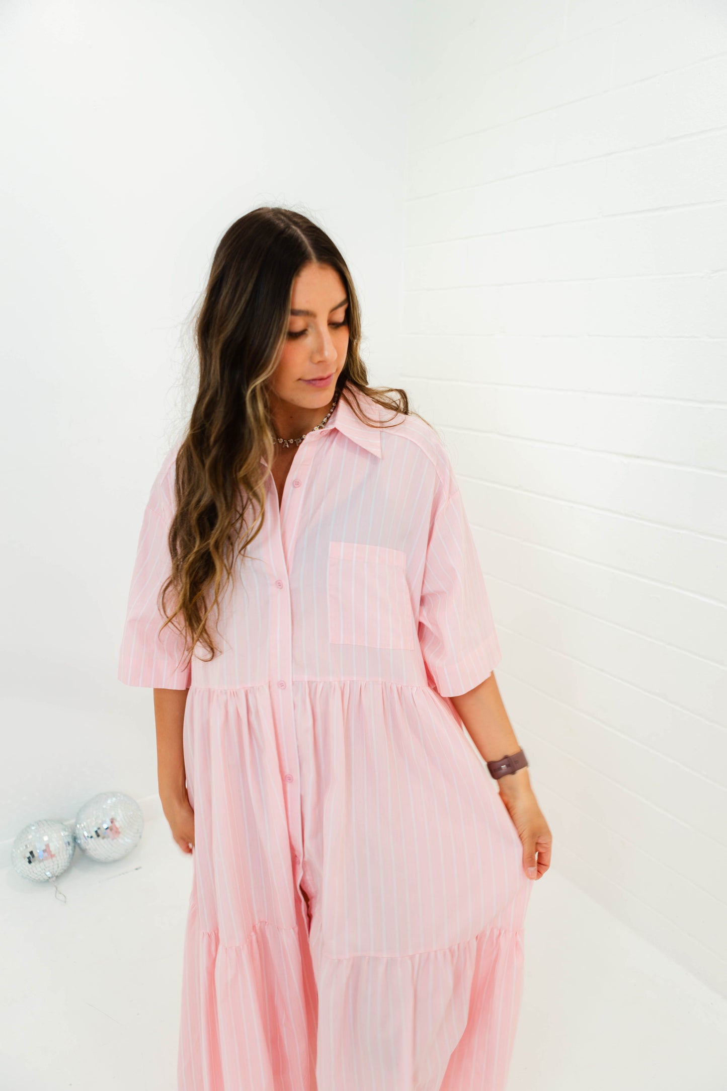 Pink Tiered Stripe Shirt Dress