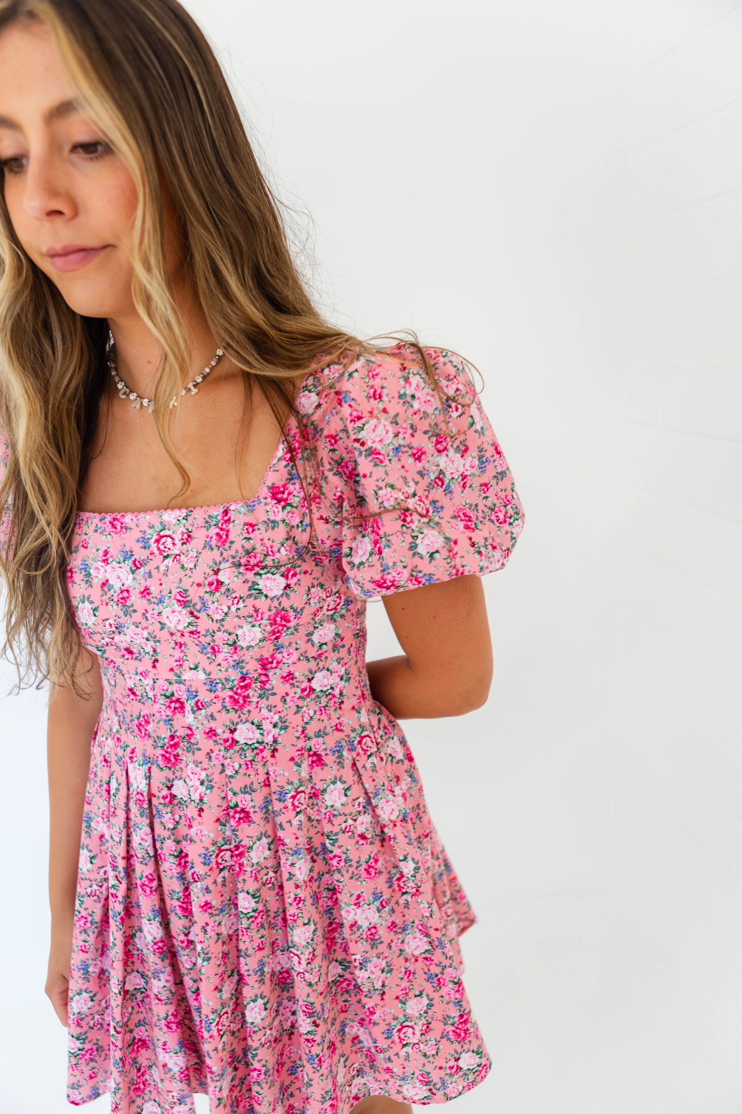 Pink Floral Puff Sleeve Dress