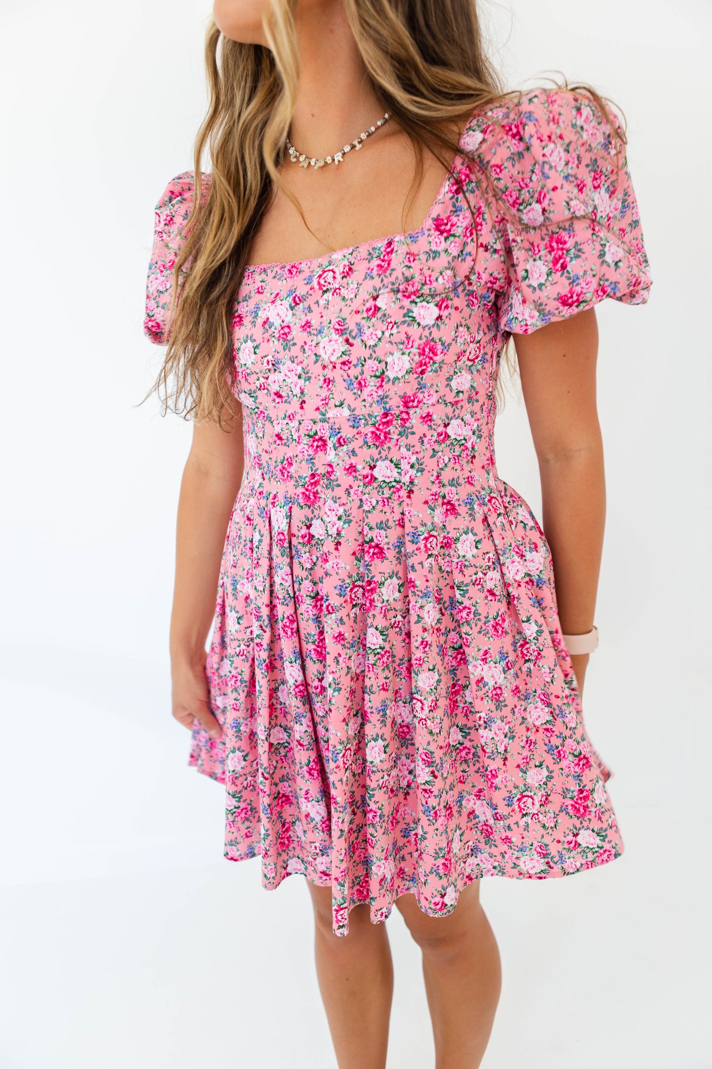 Pink Floral Puff Sleeve Dress