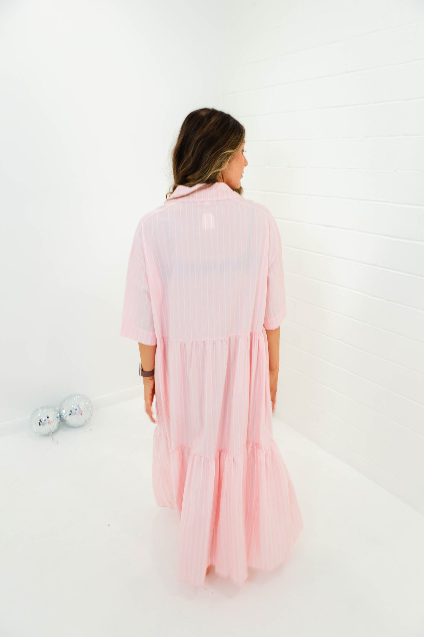 Pink Tiered Stripe Shirt Dress