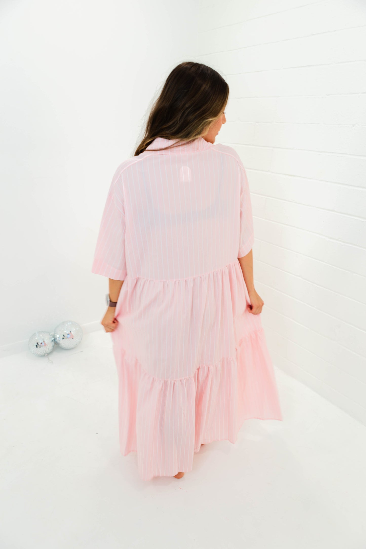 Pink Tiered Stripe Shirt Dress