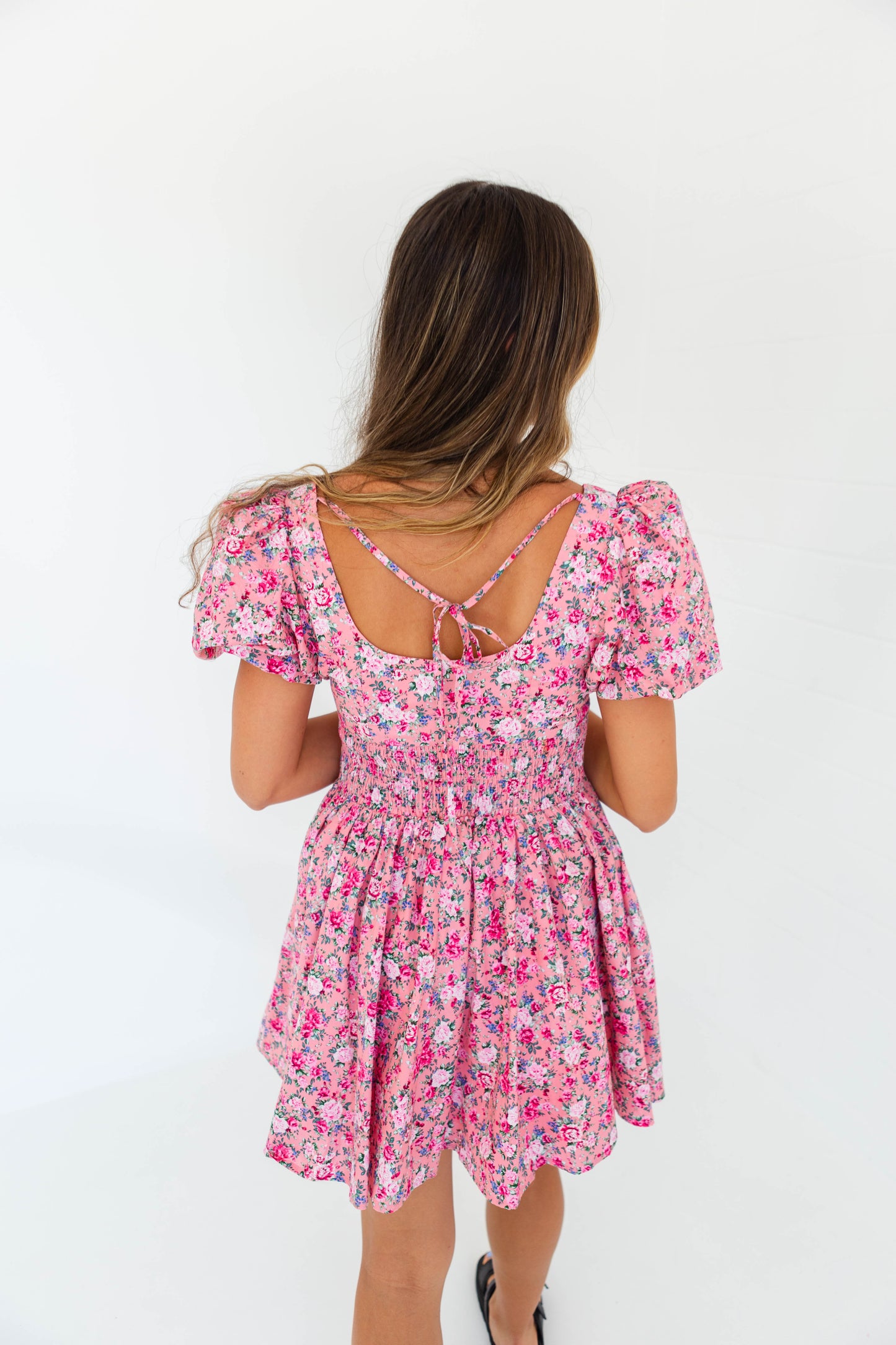 Pink Floral Puff Sleeve Dress