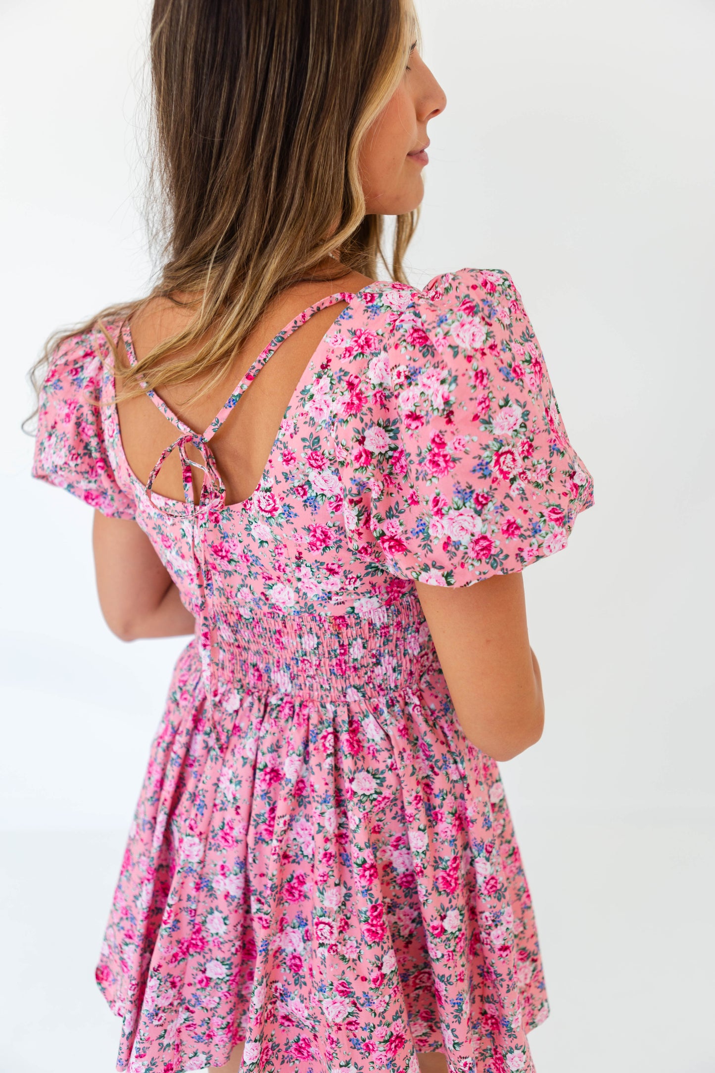 Pink Floral Puff Sleeve Dress