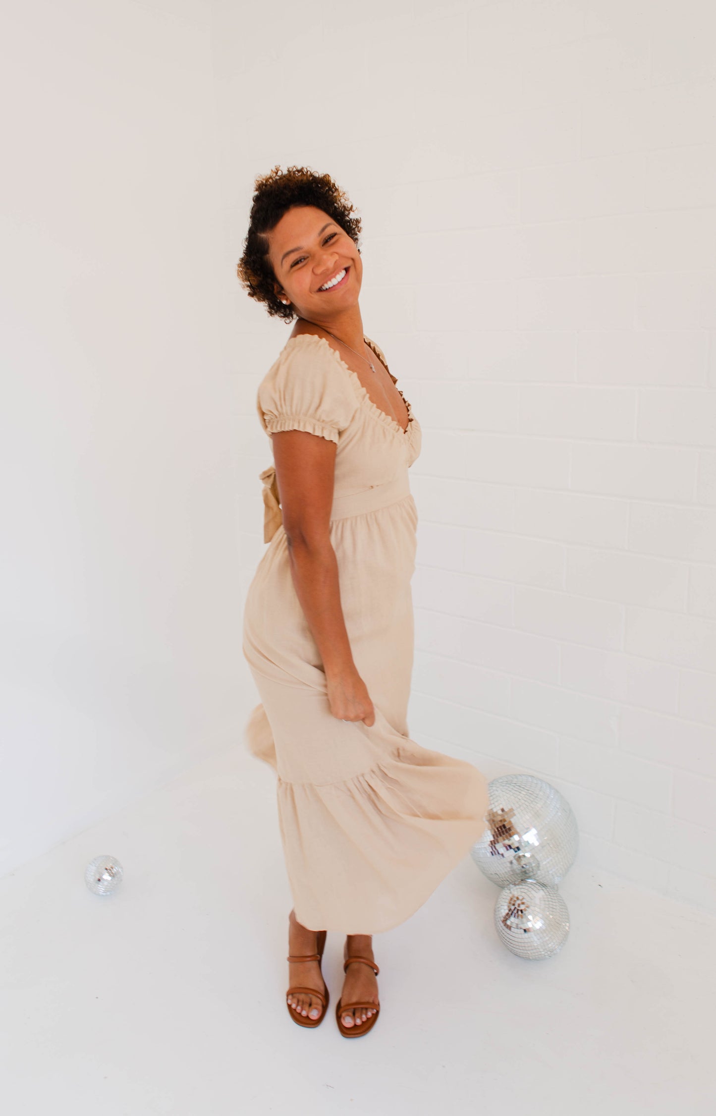 Mocha Short Puff Sleeve Midi Dress