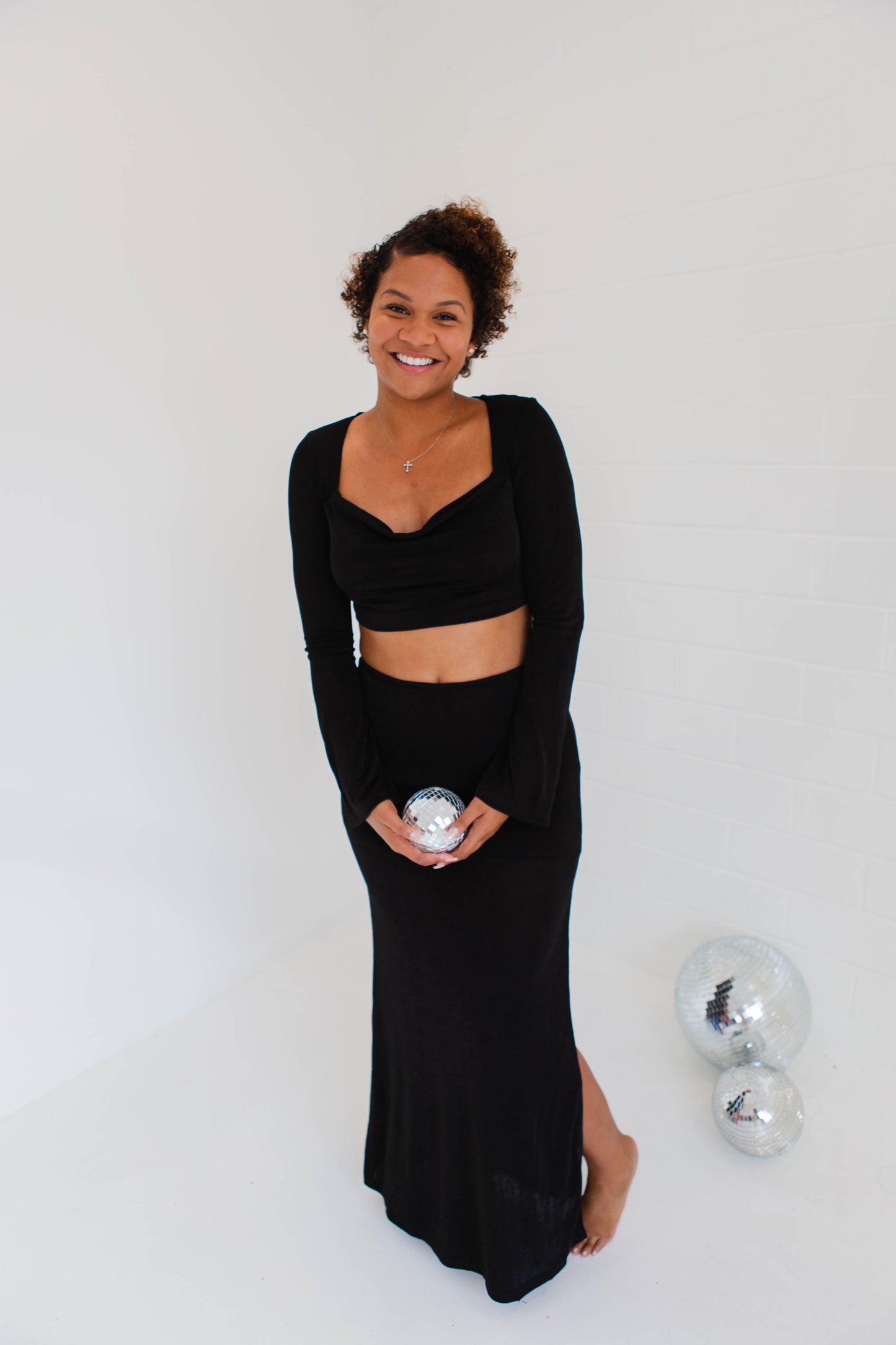 Black High Slit Slinky Knit Maxi Set