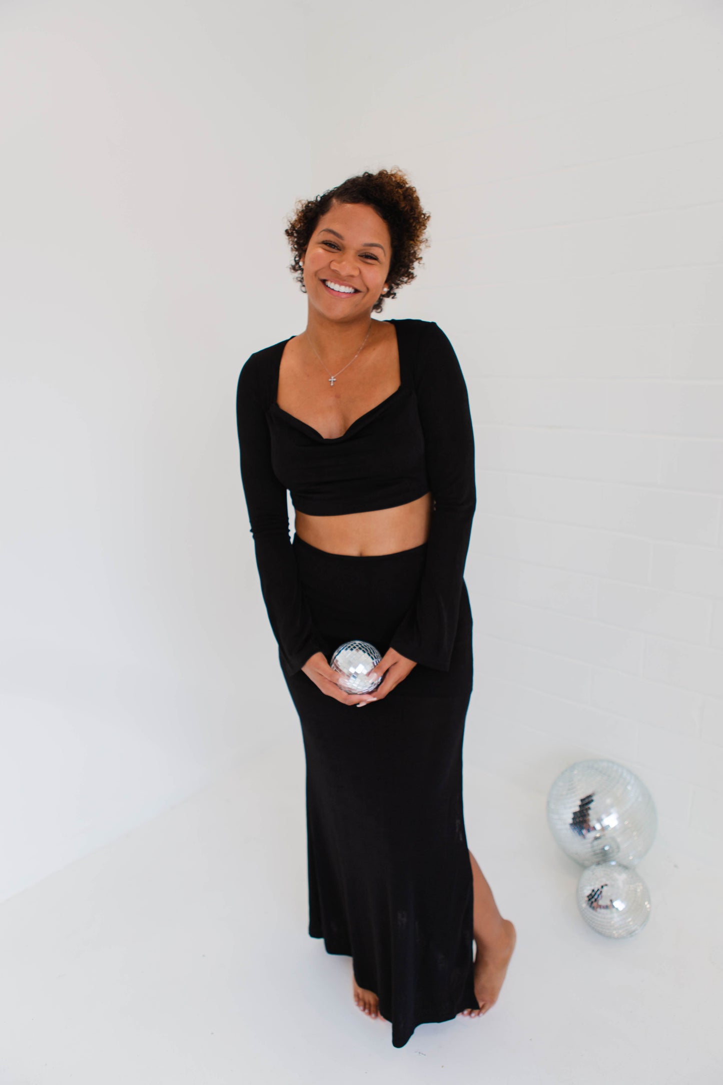 Black High Slit Slinky Knit Maxi Set