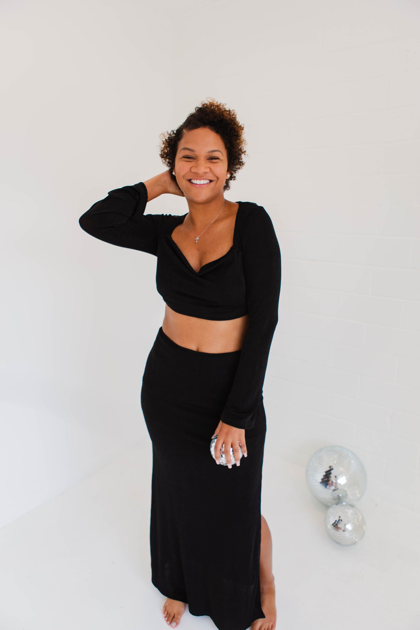 Black High Slit Slinky Knit Maxi Set