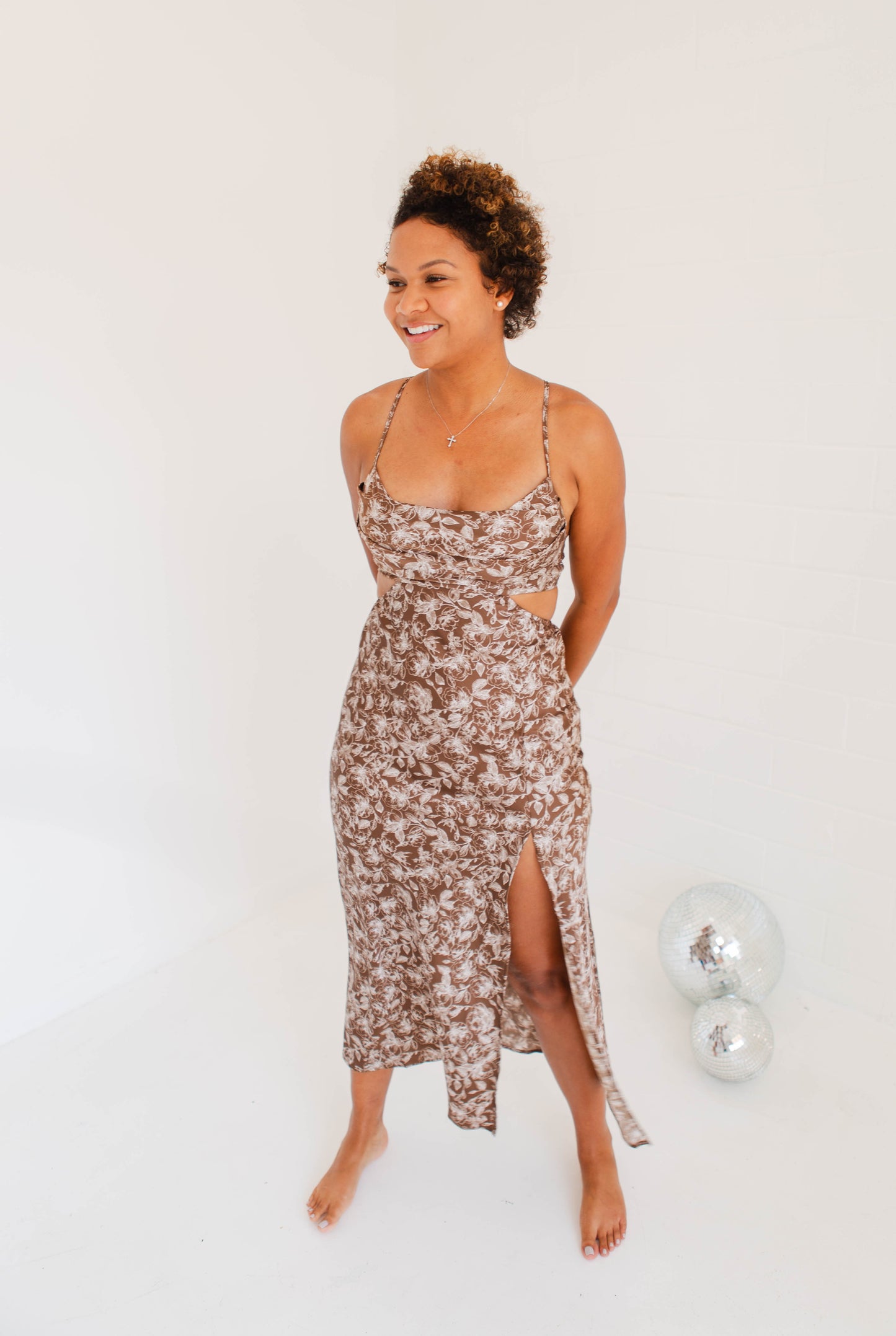 Brown Front Cowl Neck Side Cut Out Maxi Dress