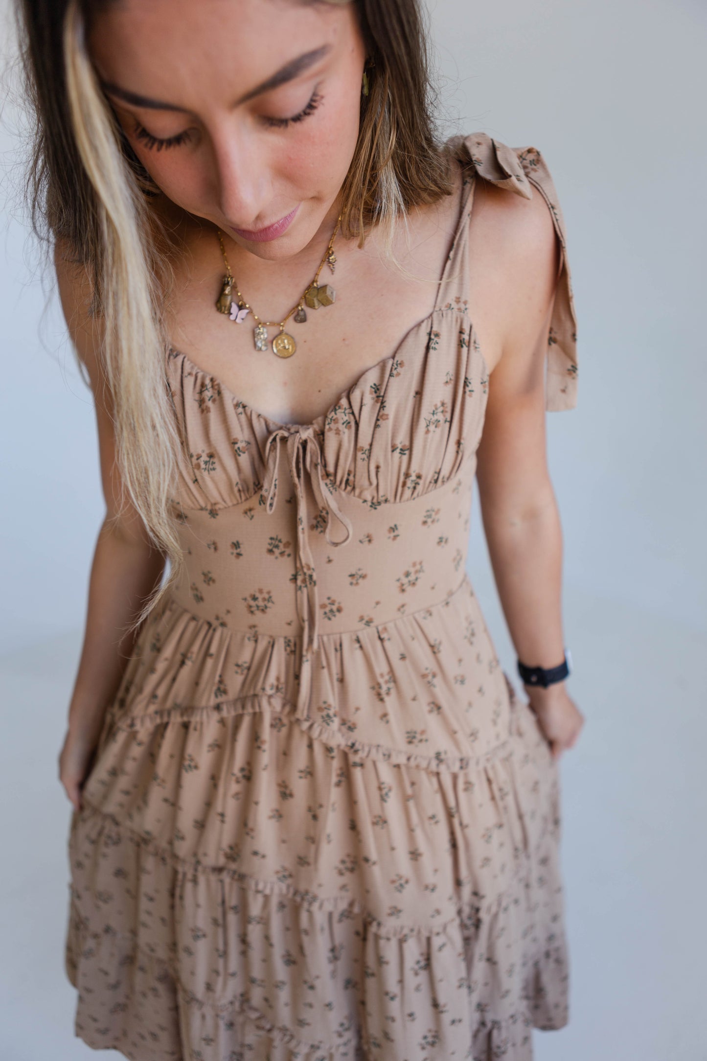Brown Floral Monochromatic Bow Ruffled Midi Dress