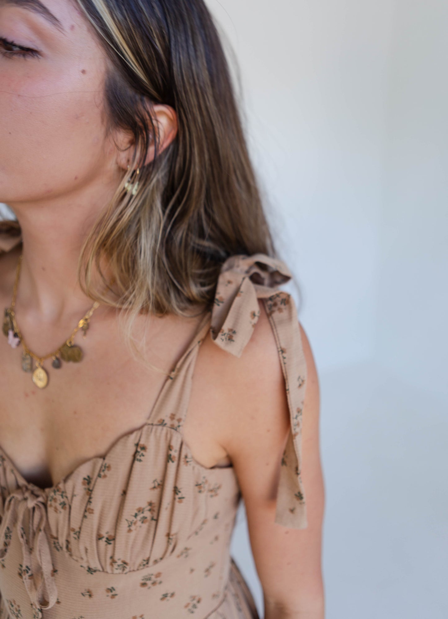 Brown Floral Monochromatic Bow Ruffled Midi Dress