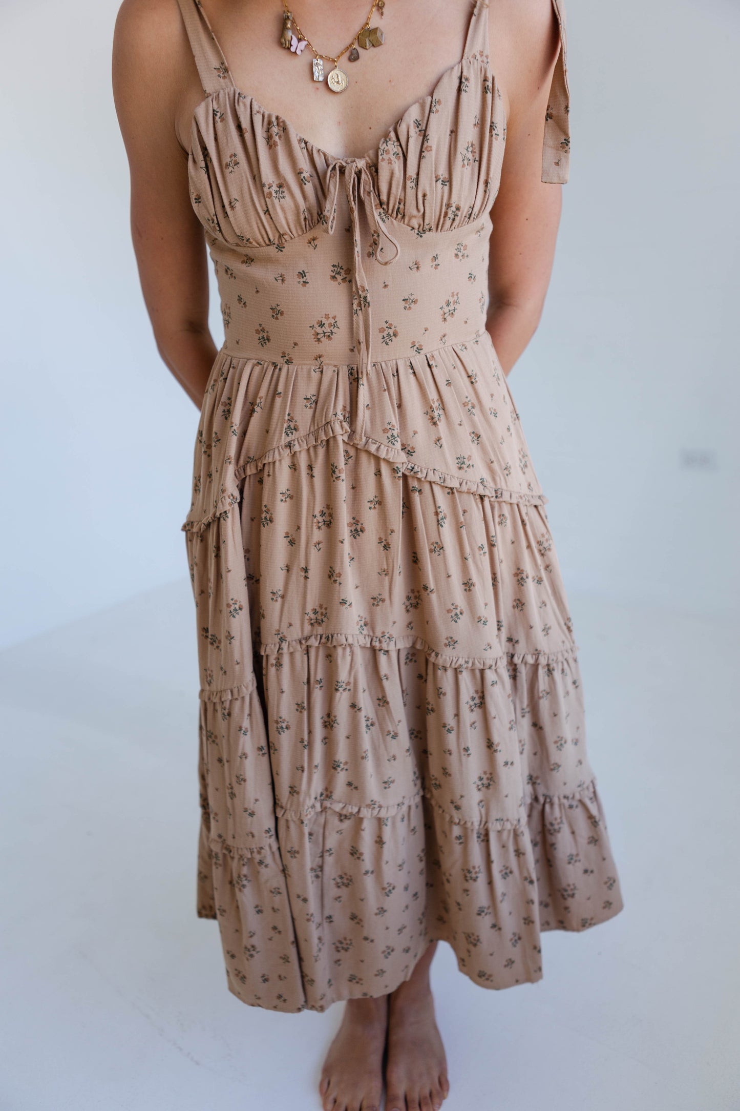 Brown Floral Monochromatic Bow Ruffled Midi Dress