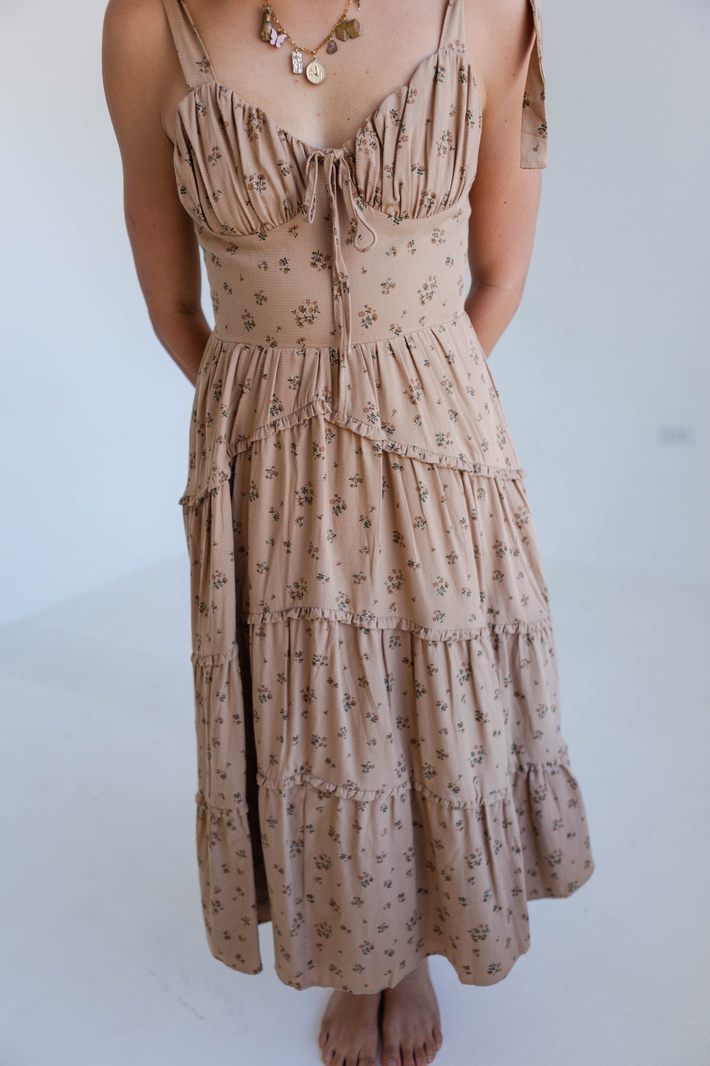 Brown Floral Monochromatic Bow Ruffled Midi Dress